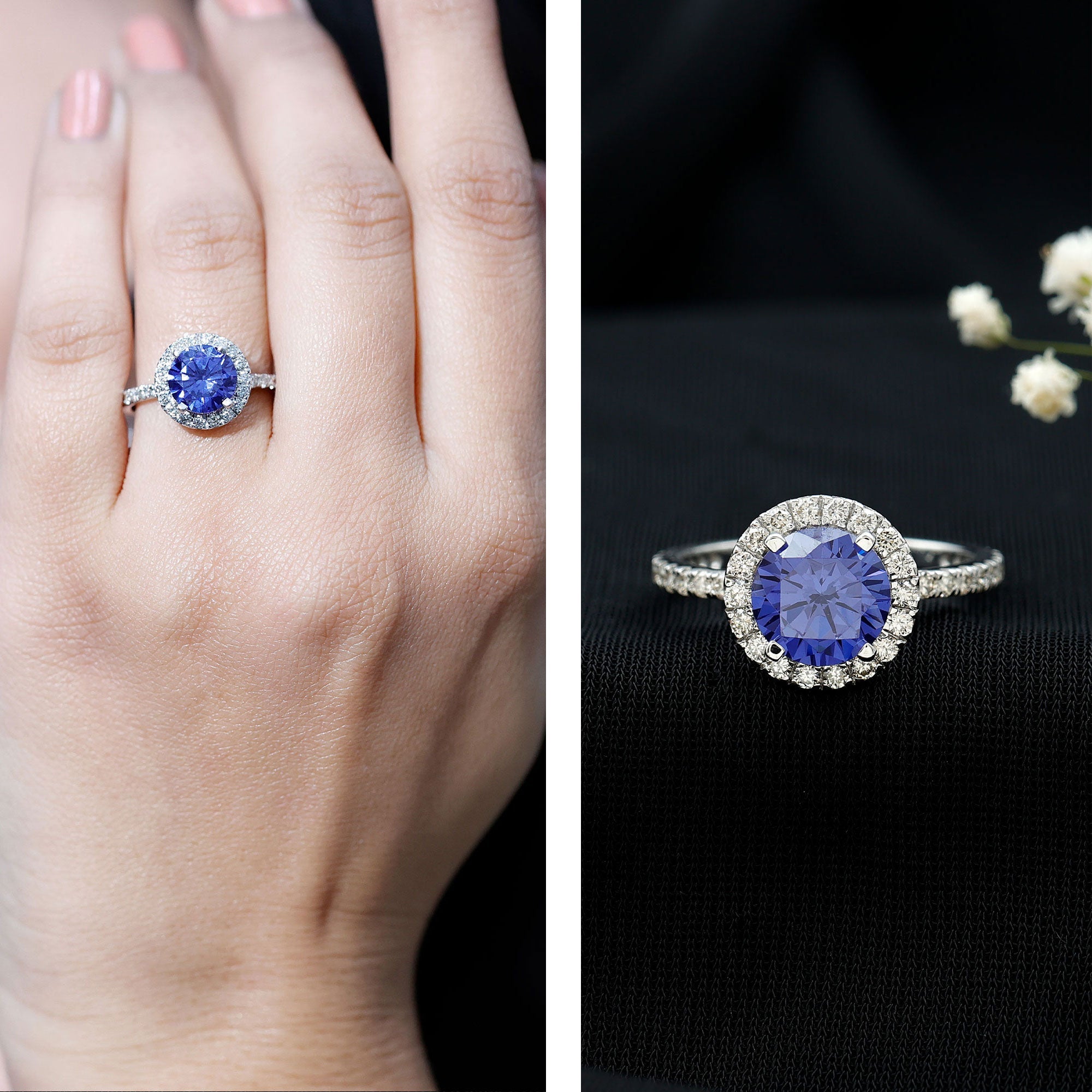 2.7 Carat Round Lab Created Blue Sapphire Classic Engagement Ring with Diamond Halo