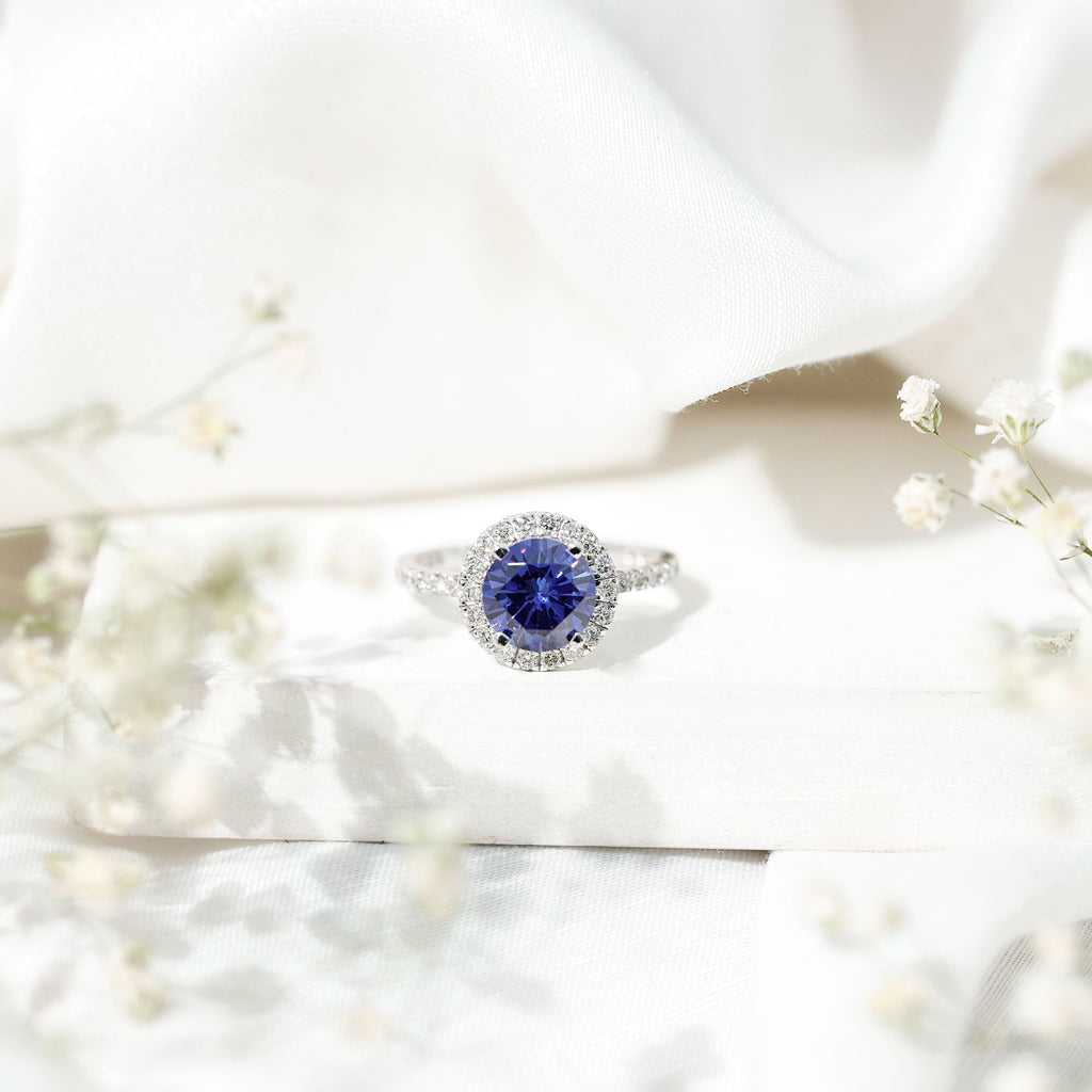 2.7 Carat Round Lab Created Blue Sapphire Classic Engagement Ring with Diamond Halo