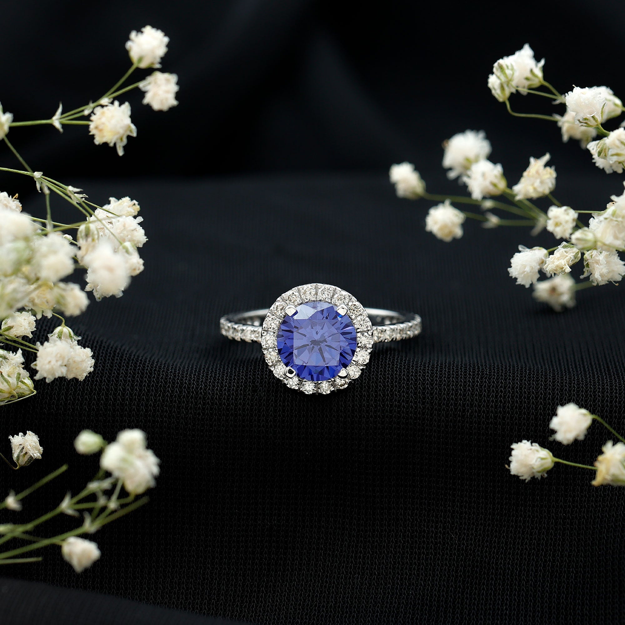 2.7 Carat Round Lab Created Blue Sapphire Classic Engagement Ring with Diamond Halo