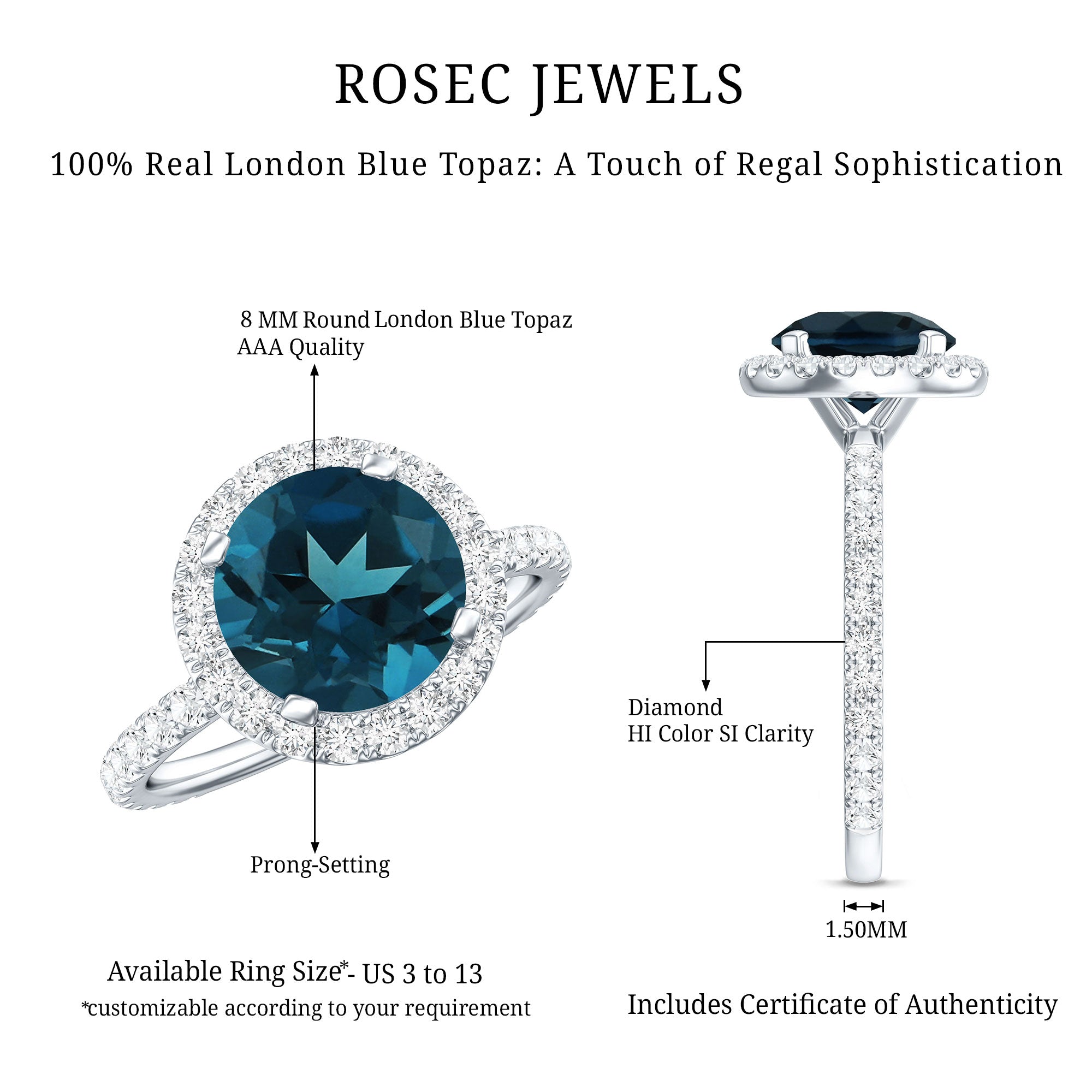 2 Carat London Blue Topaz Classic Engagement Ring with Diamond