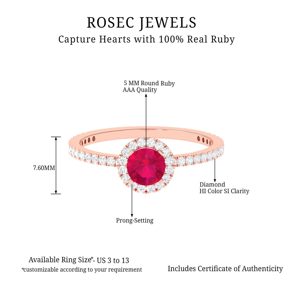 Minimal 0.6 Carat Ruby Engagement Ring with Diamond Halo