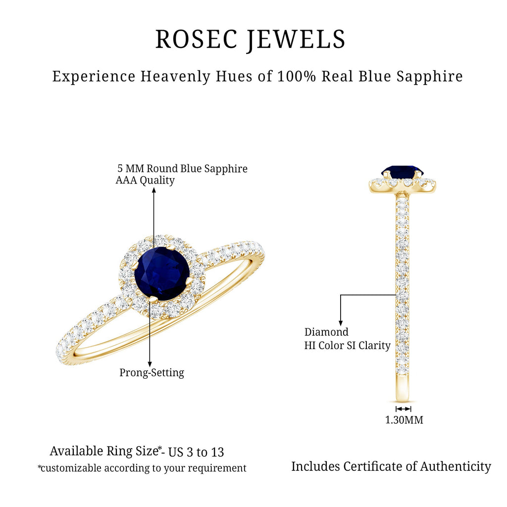 Minimal 0.9 Carat Blue Sapphire Engagement Ring with Diamond Halo