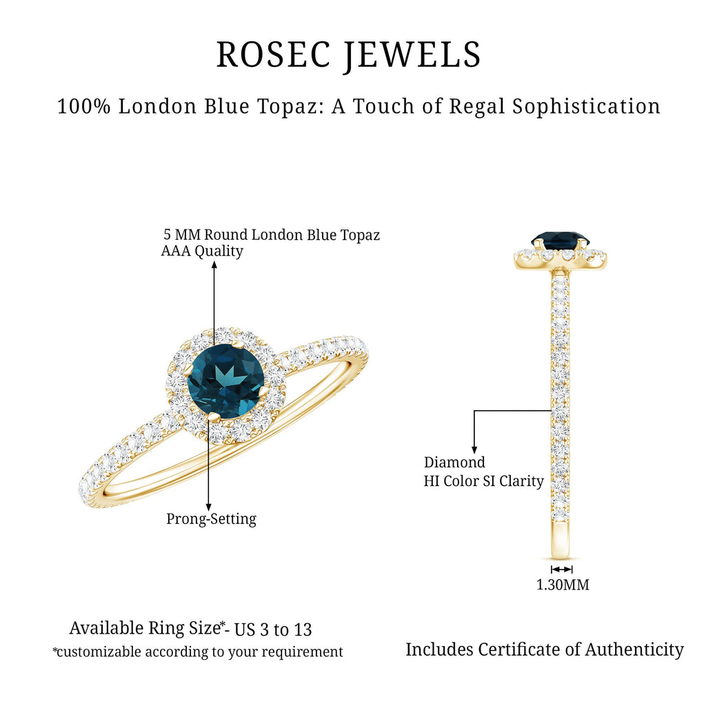 Round Shaped Blue Topaz and Diamond Minimal Engagement Ring