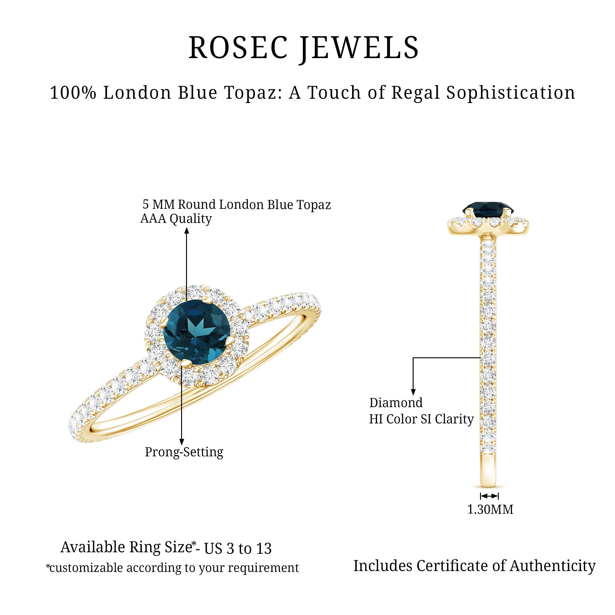 Round Shaped Blue Topaz and Diamond Minimal Engagement Ring