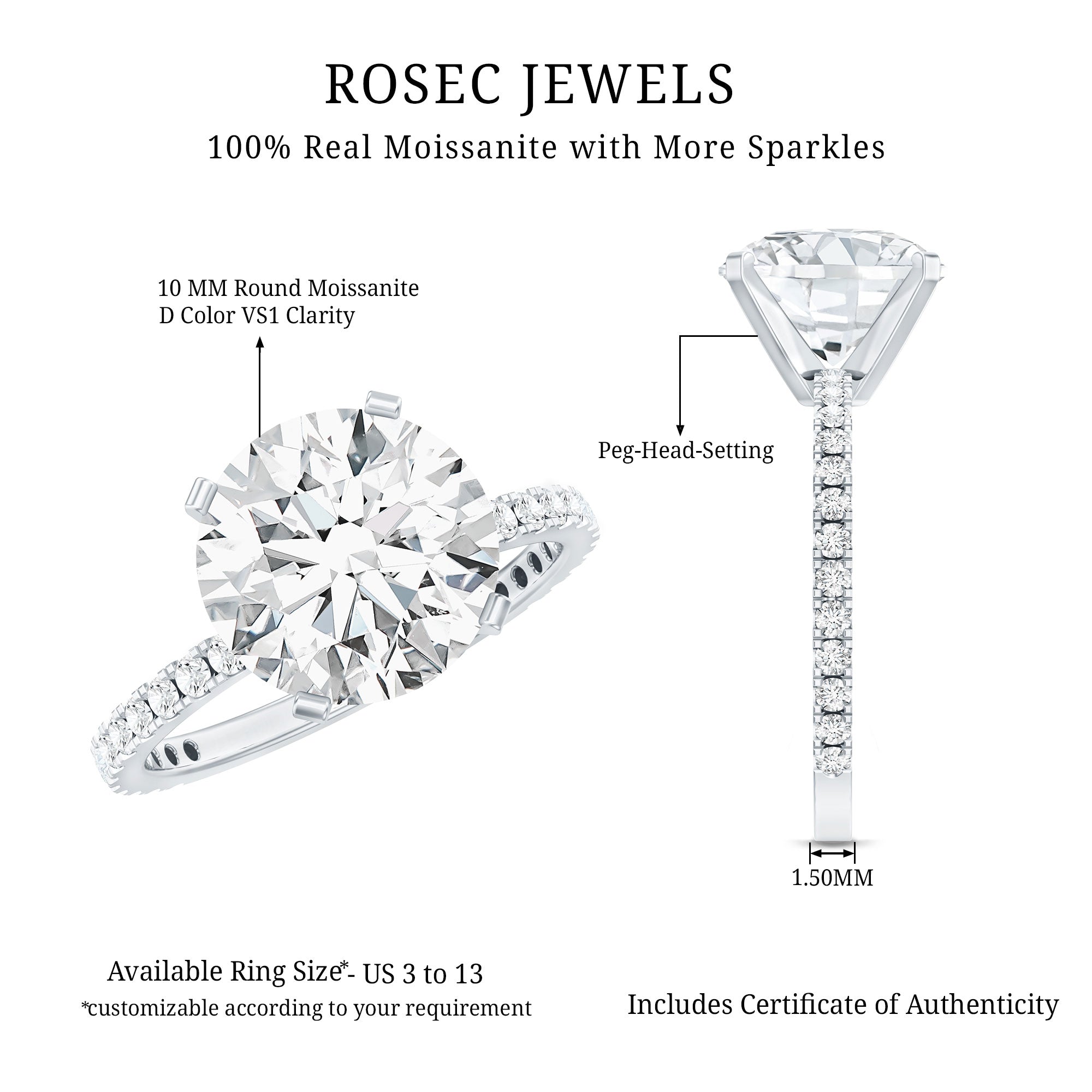 Certified Moissanite 10 MM Round Cut Engagement Ring