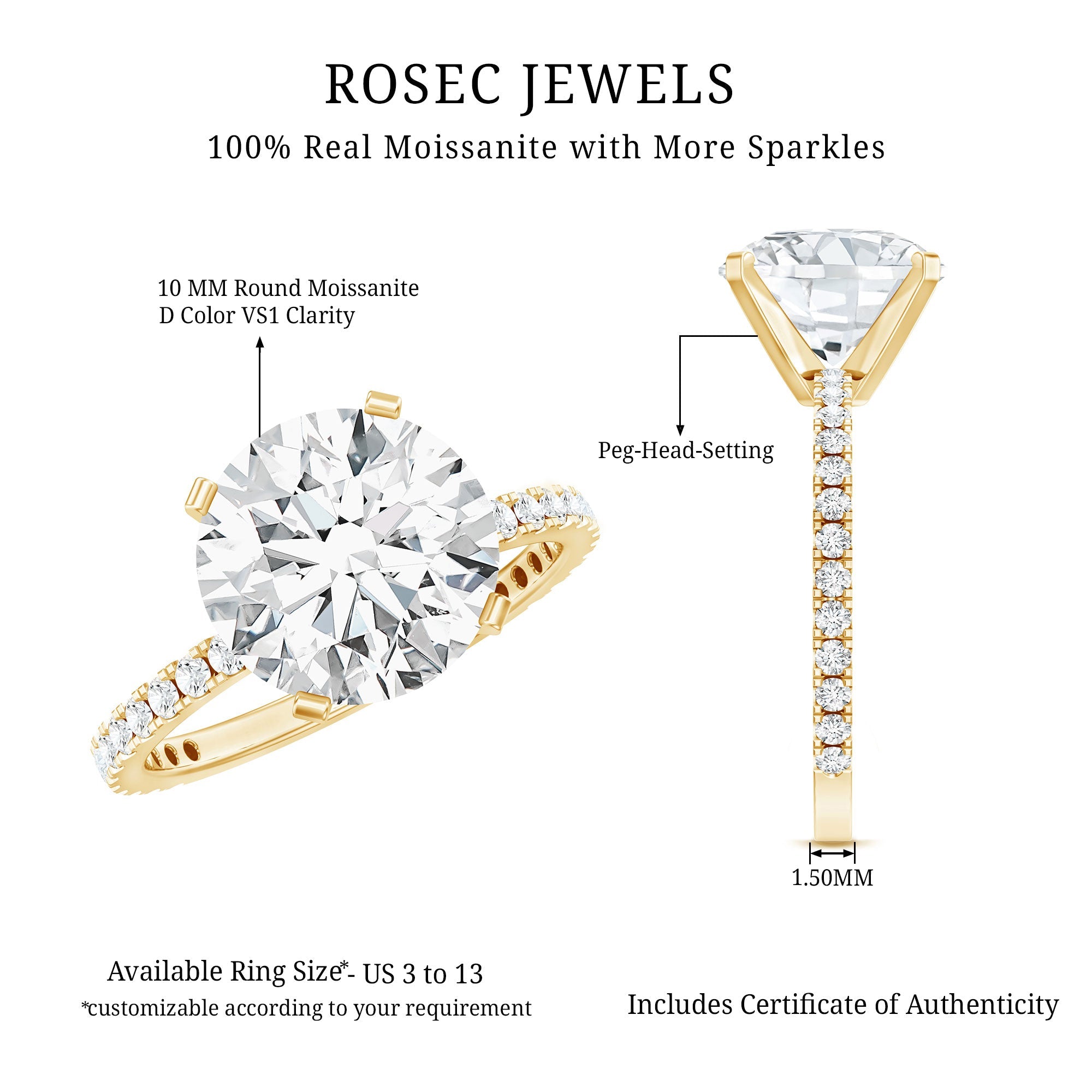 Certified Moissanite 10 MM Round Cut Engagement Ring
