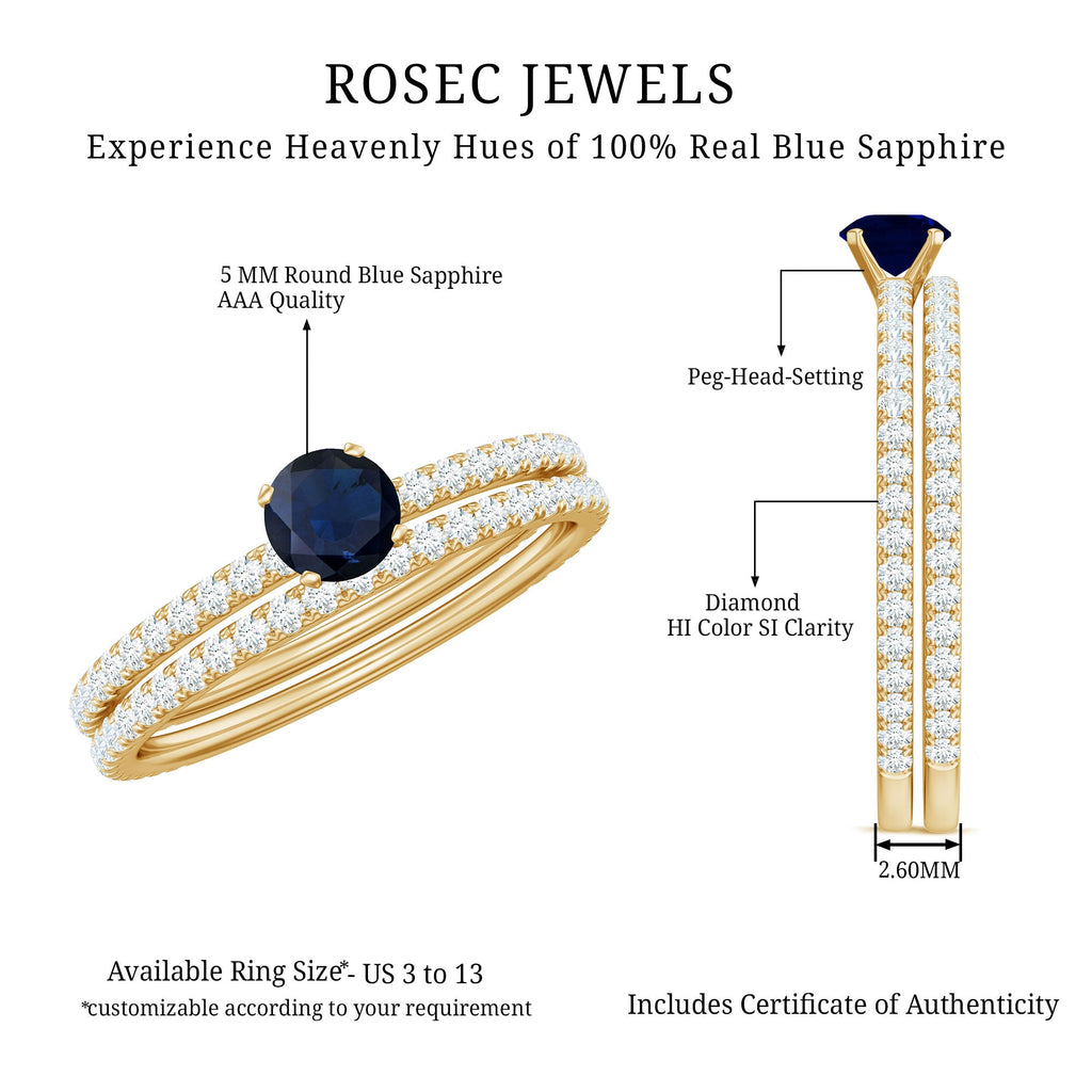 Natural Half Carat Blue Sapphire and Diamond Engagement Ring Set