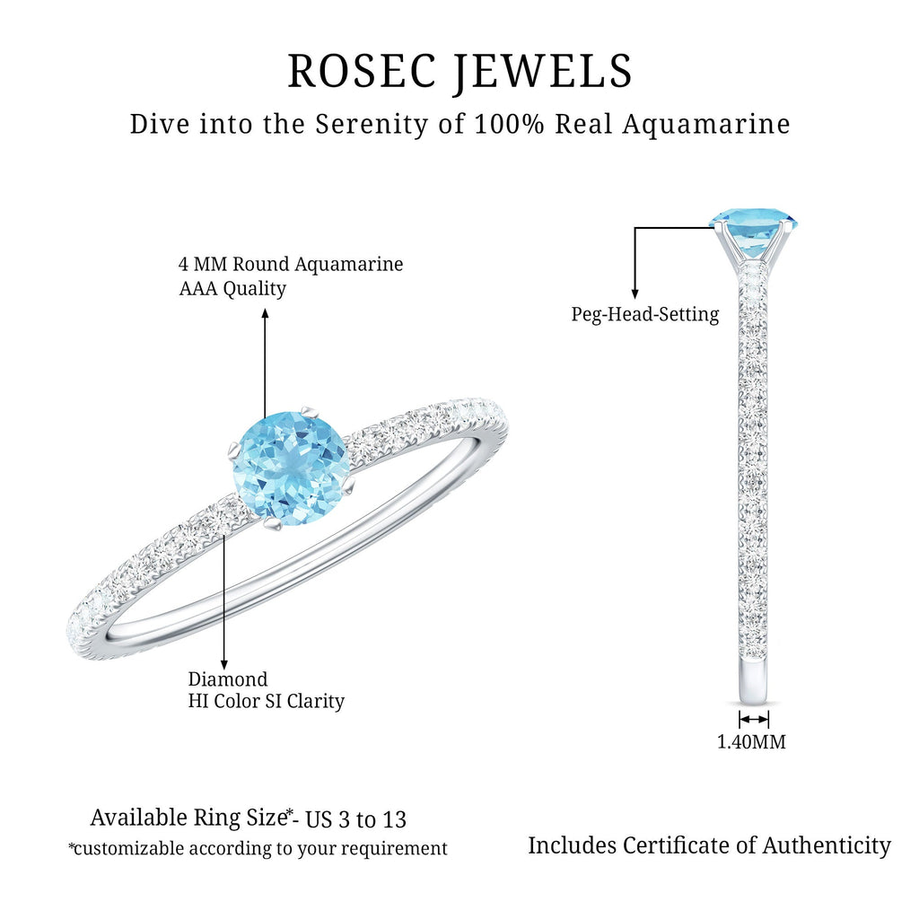 Real Aquamarine Solitaire Ring with Diamond Side Stones
