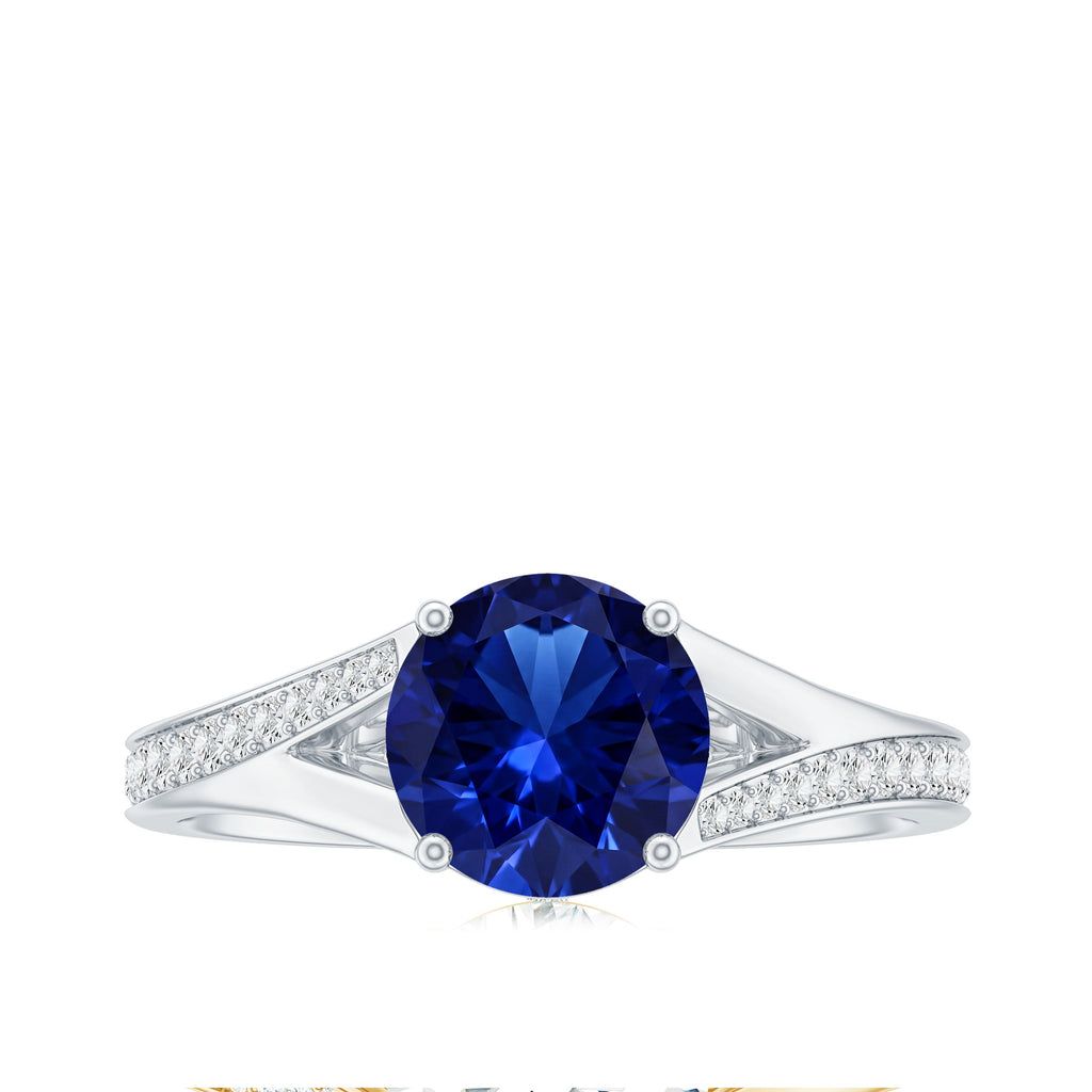 2.7 Carat Round Lab Grown Blue Sapphire Engagement Ring with Diamond Split Shank
