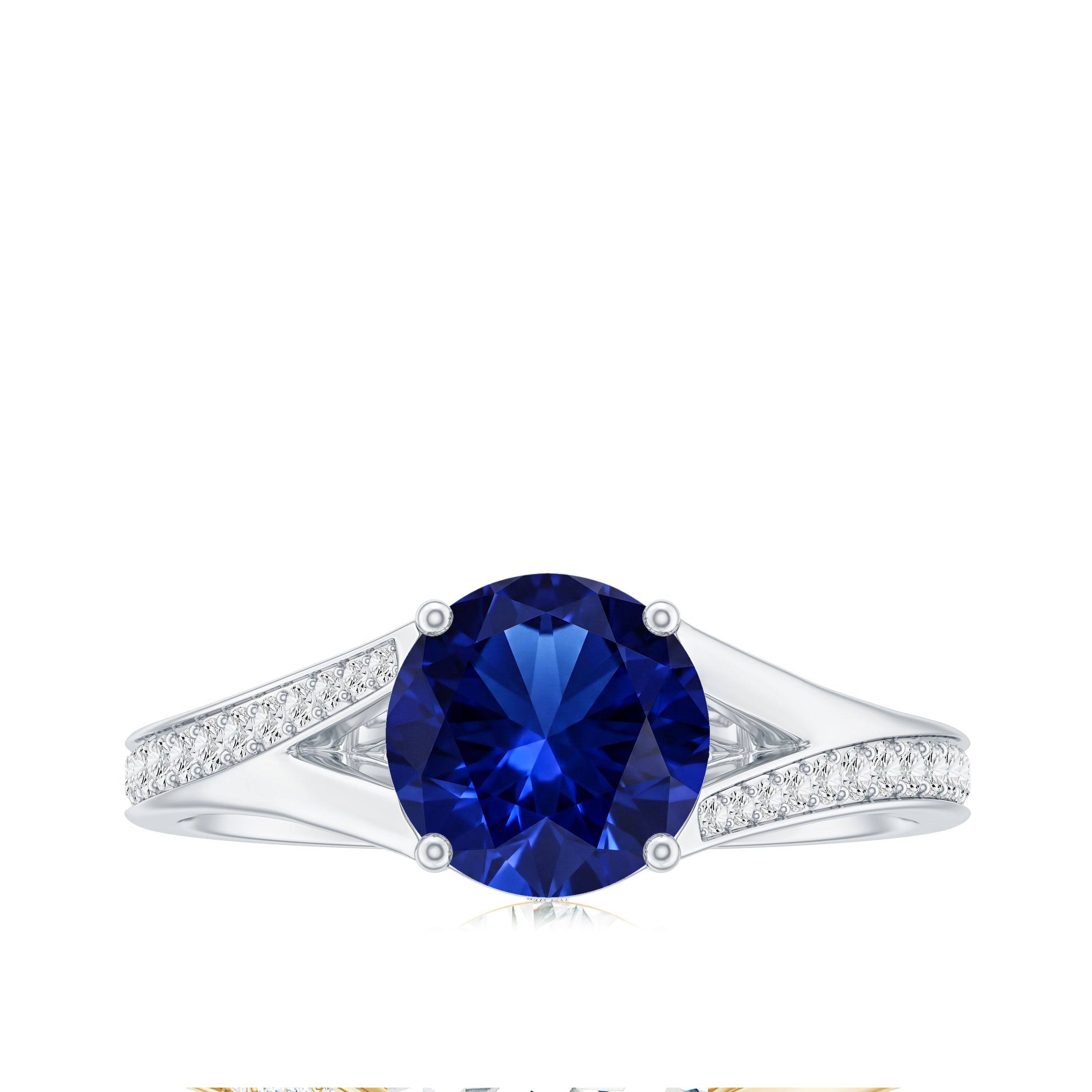 2.7 Carat Round Lab Grown Blue Sapphire Engagement Ring with Diamond Split Shank