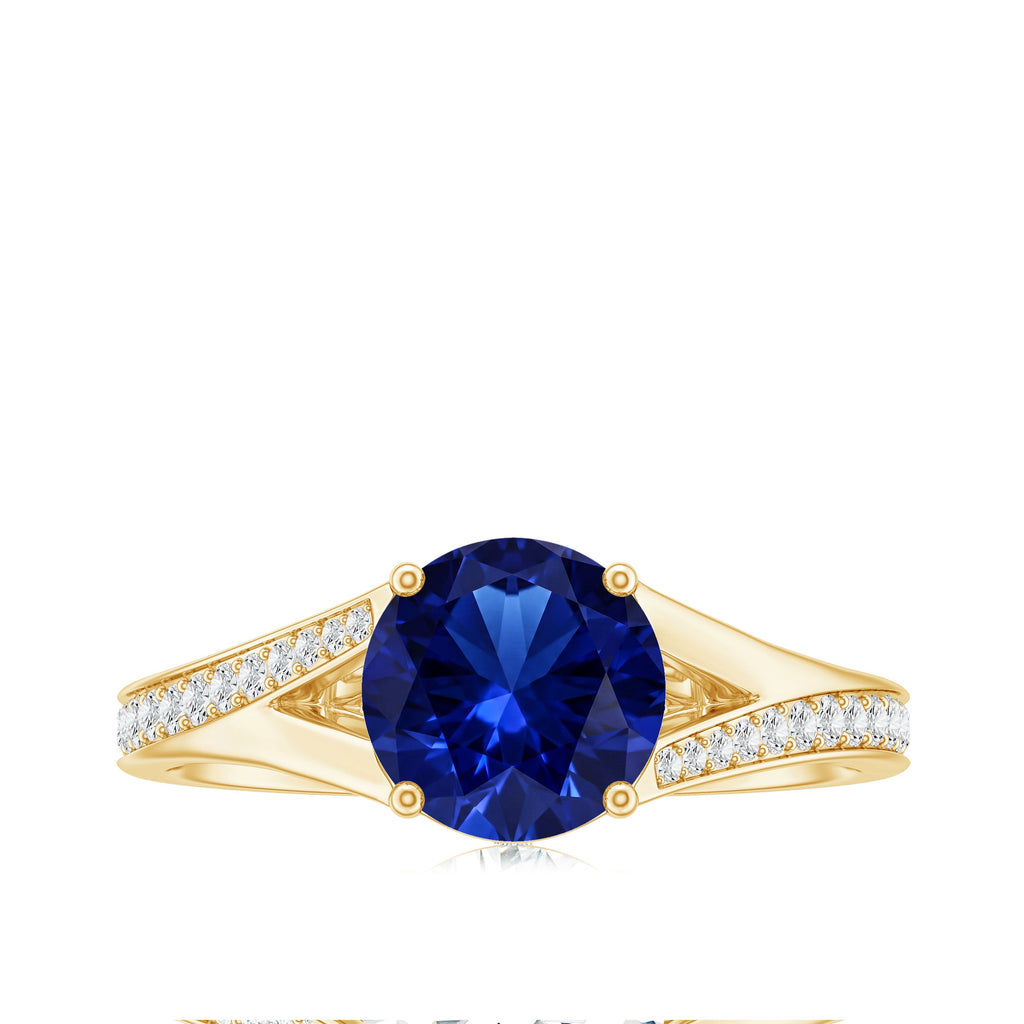 2.7 Carat Round Lab Grown Blue Sapphire Engagement Ring with Diamond Split Shank