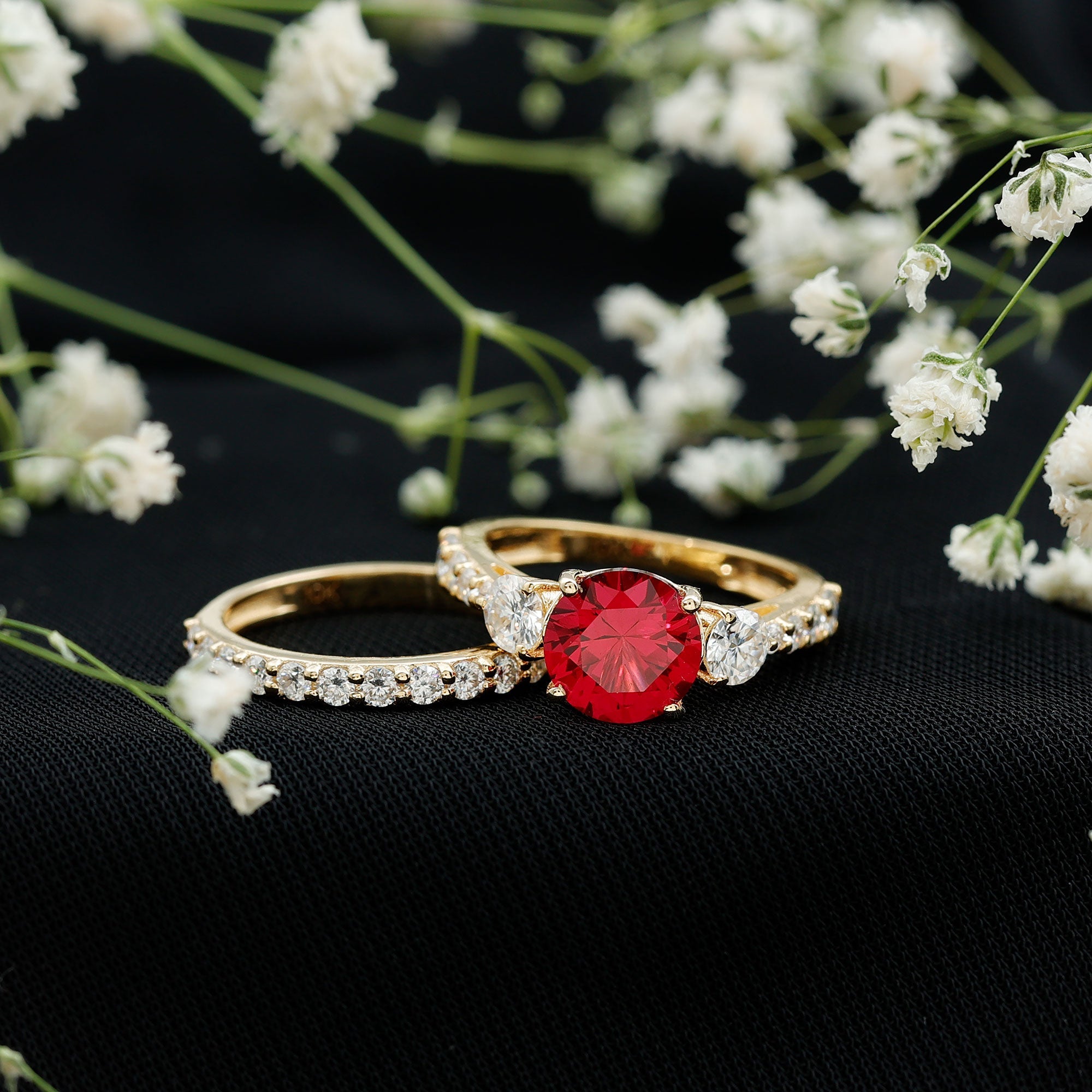 2.3 Carat Lab Created Ruby Bridal Ring Set with Moissanite