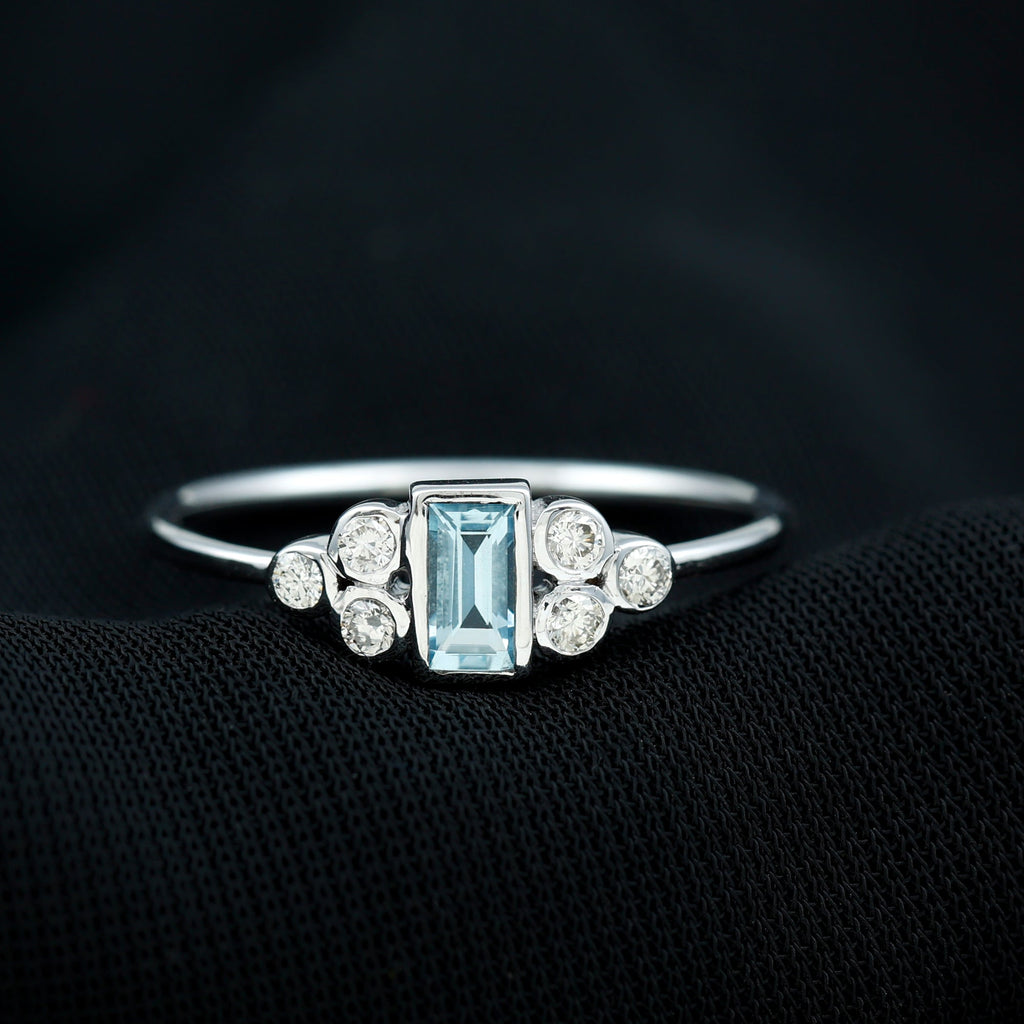 Natural Baguette Aquamarine Promise Ring with Diamond Trio