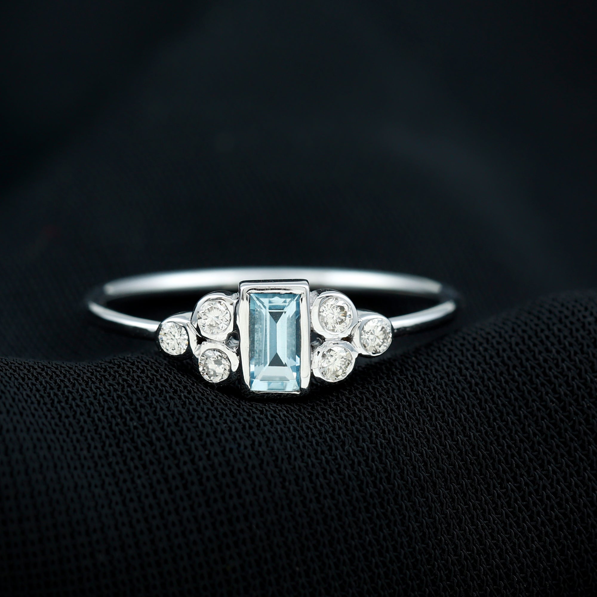Natural Baguette Aquamarine Promise Ring with Diamond Trio