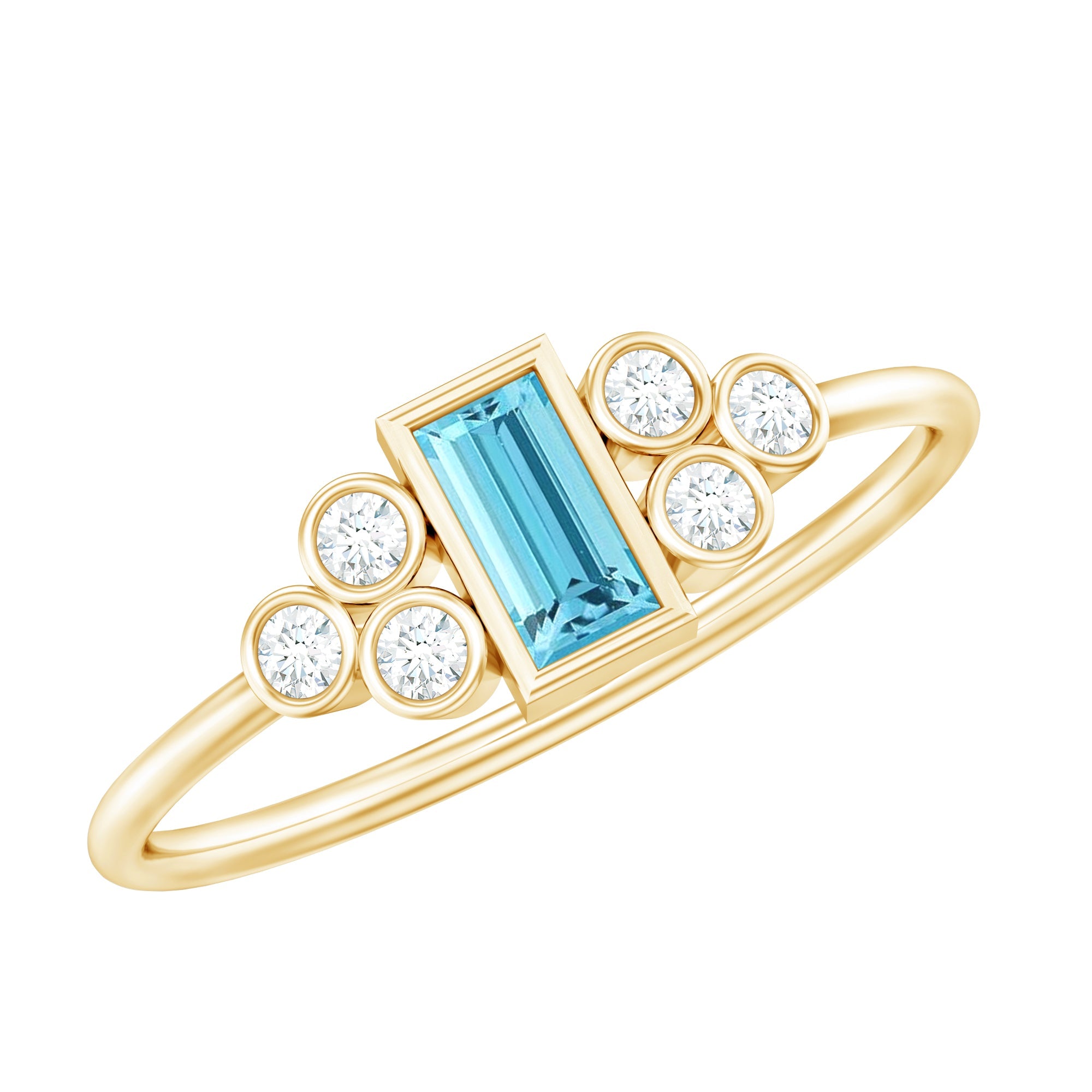 Natural Baguette Aquamarine Promise Ring with Diamond Trio