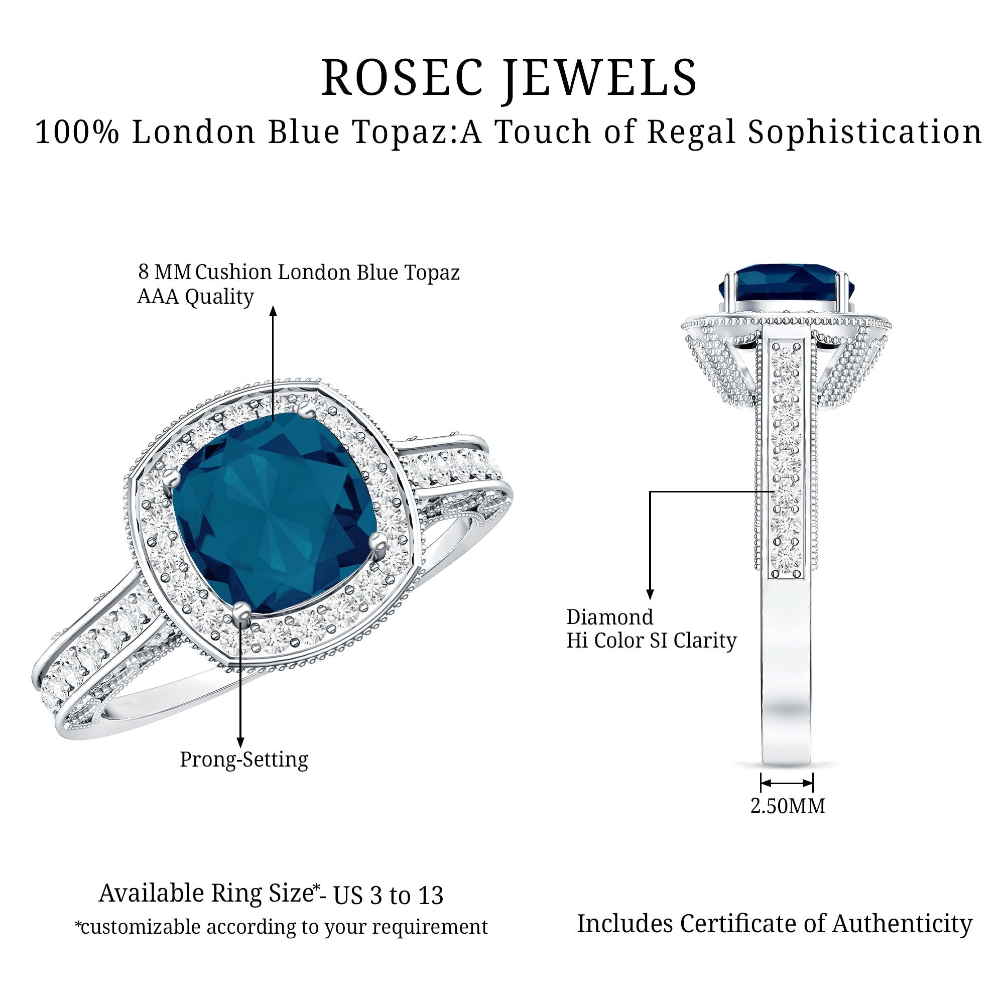 2.8 Carat Cushion Cut London Blue Topaz Halo Engagement Ring with Diamond