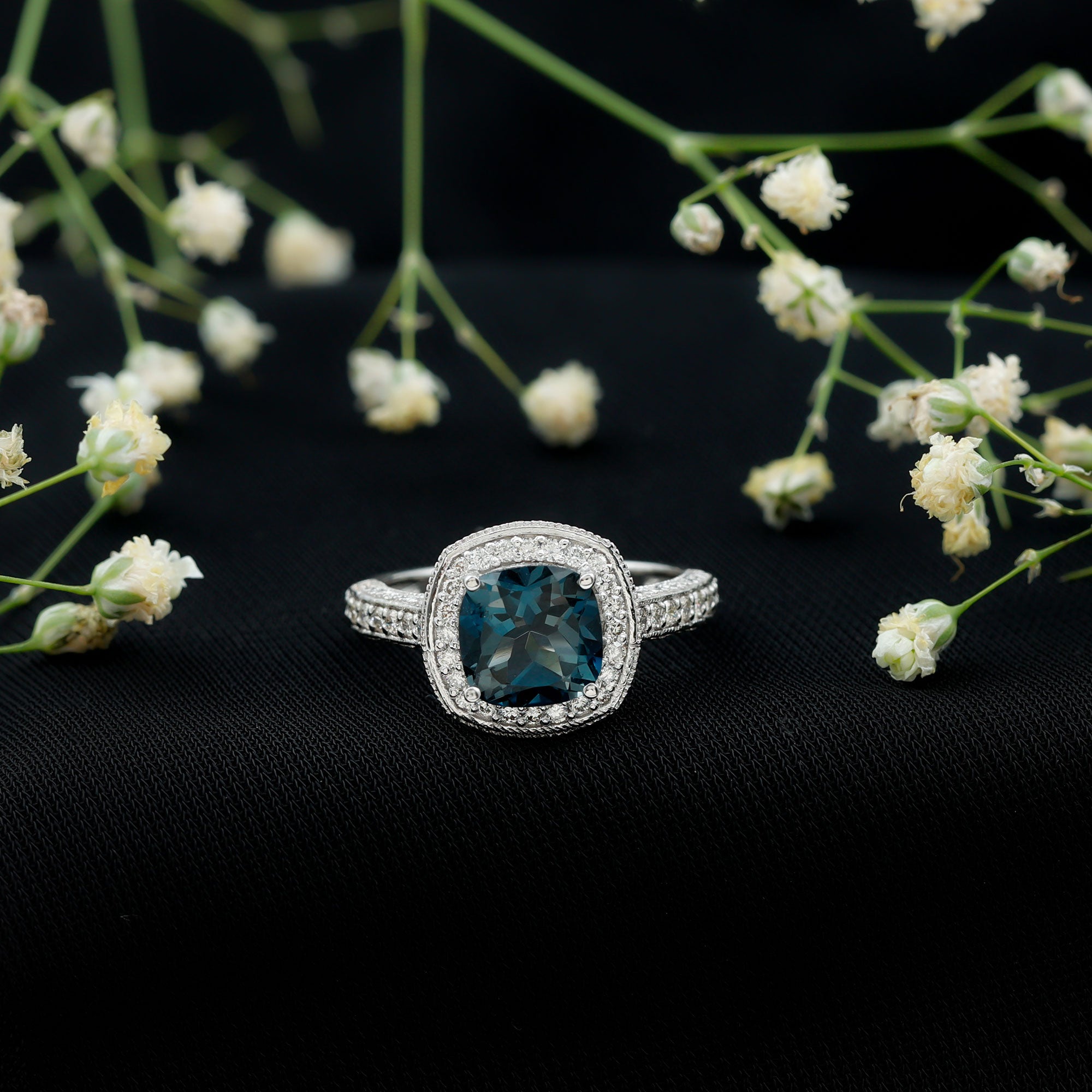 2.8 Carat Cushion Cut London Blue Topaz Halo Engagement Ring with Diamond