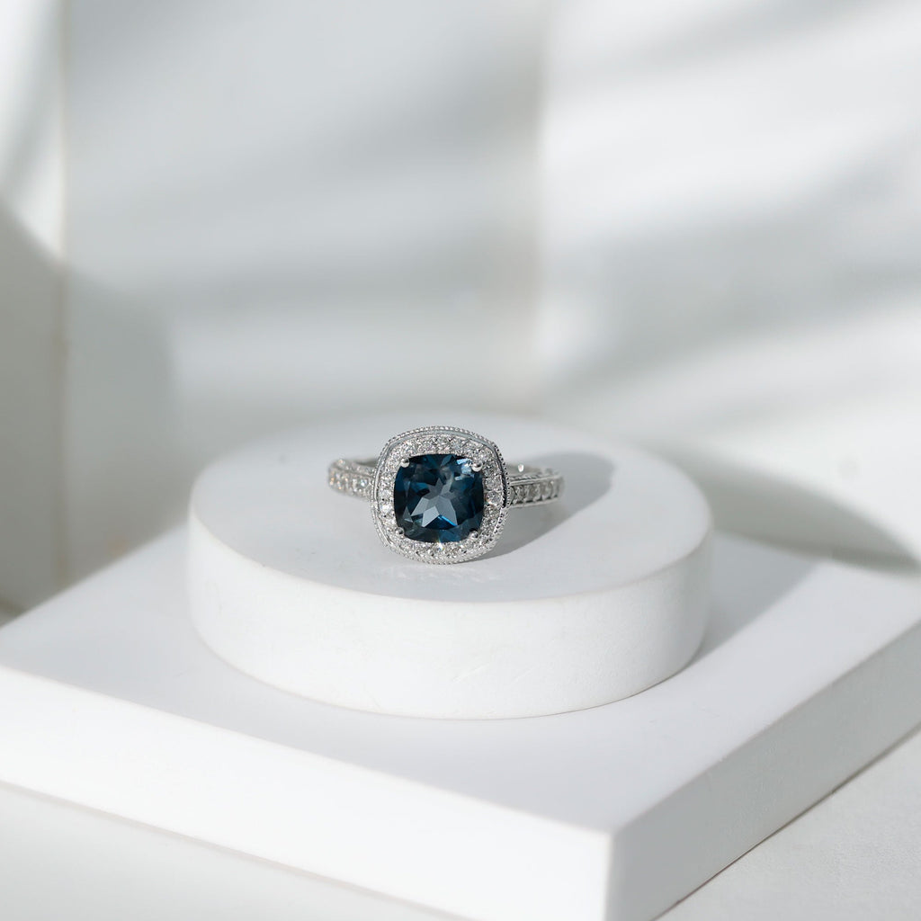 2.8 Carat Cushion Cut London Blue Topaz Halo Engagement Ring with Diamond