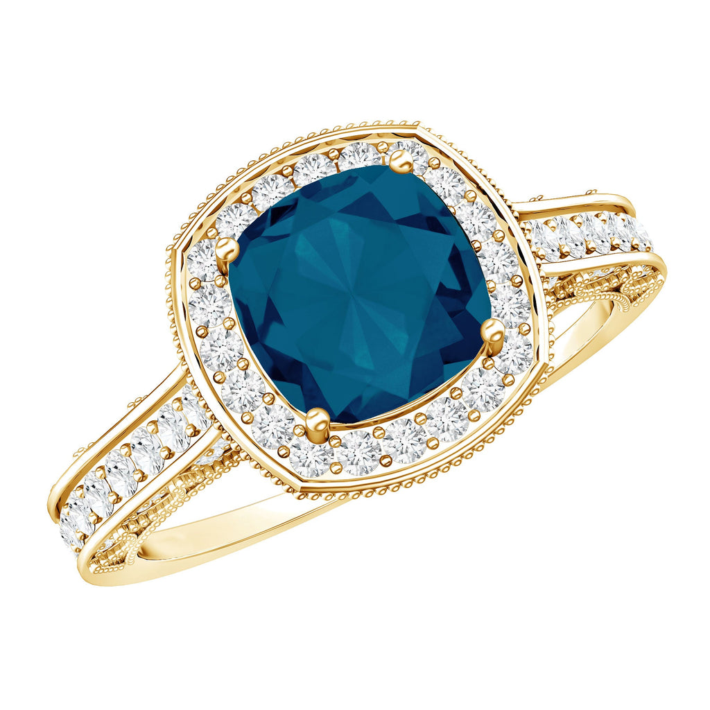 2.8 Carat Cushion Cut London Blue Topaz Halo Engagement Ring with Diamond