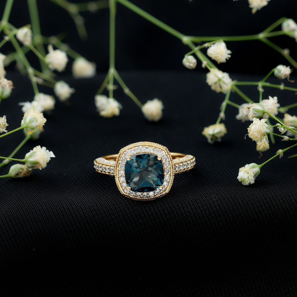 2.8 Carat Cushion Cut London Blue Topaz Halo Engagement Ring with Diamond