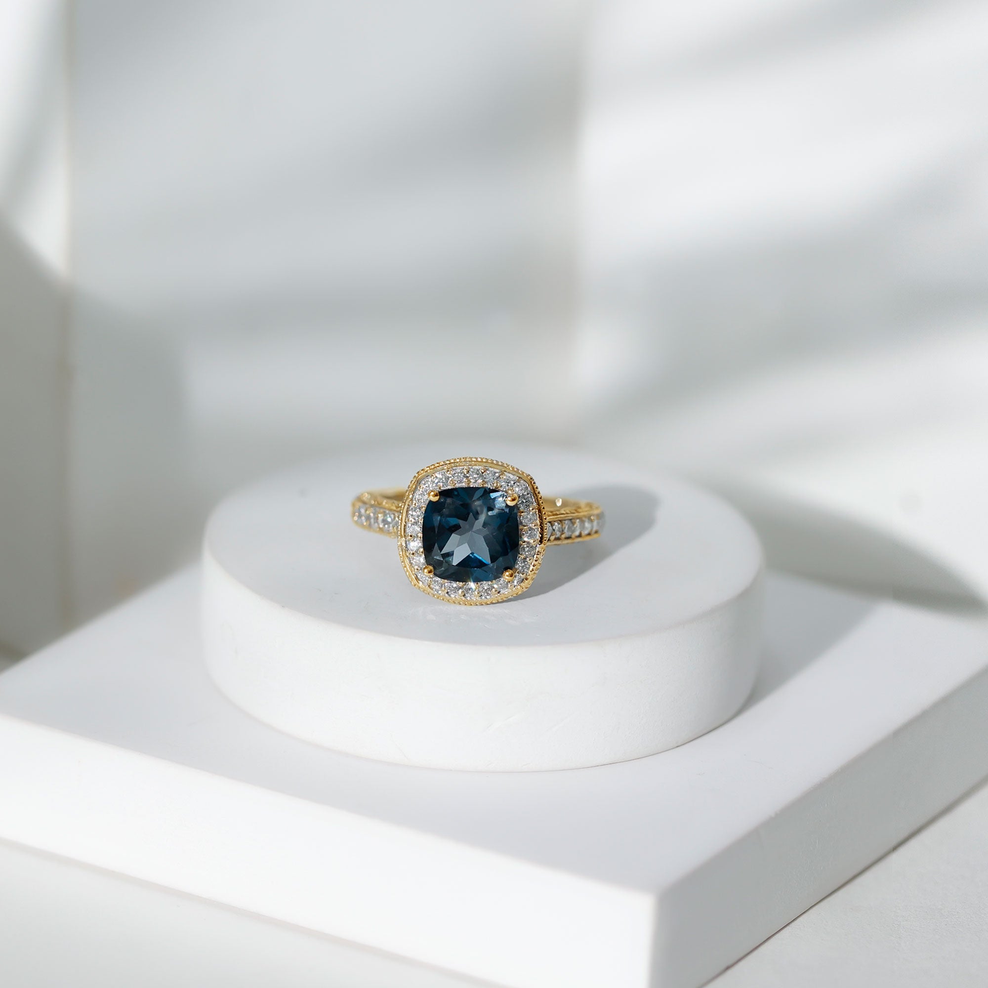 2.8 Carat Cushion Cut London Blue Topaz Halo Engagement Ring with Diamond