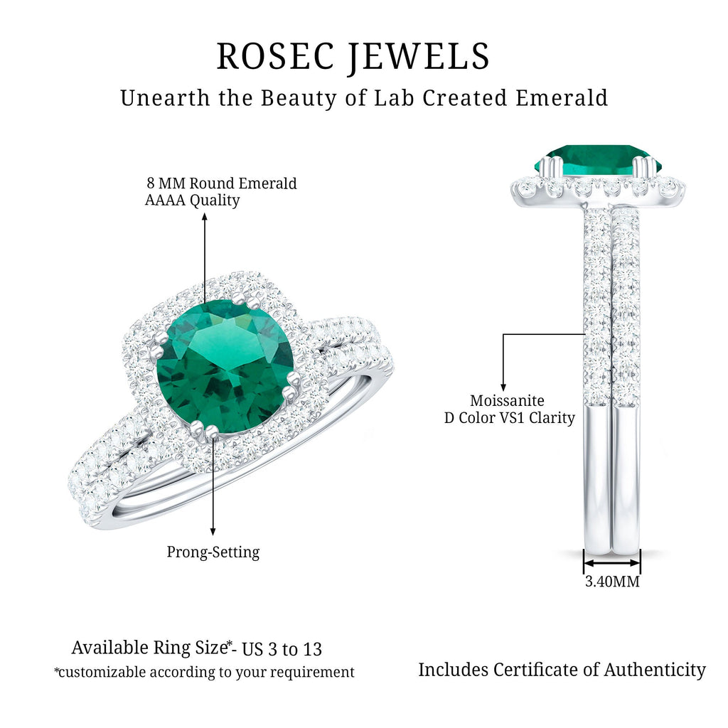 Certified Lab Grown Emerald Halo Engagement Ring with Moissanite Wedding Band