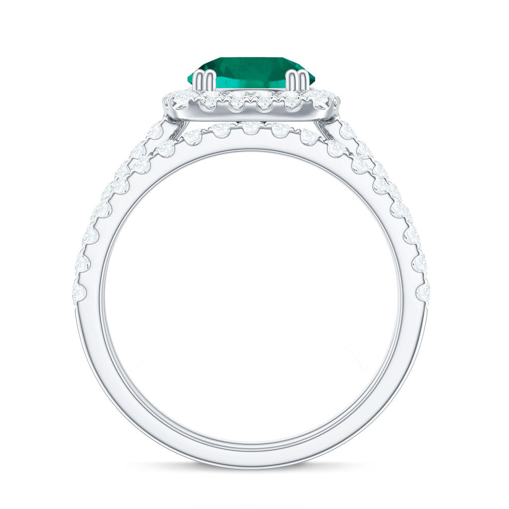 Certified Lab Grown Emerald Halo Engagement Ring with Moissanite Wedding Band