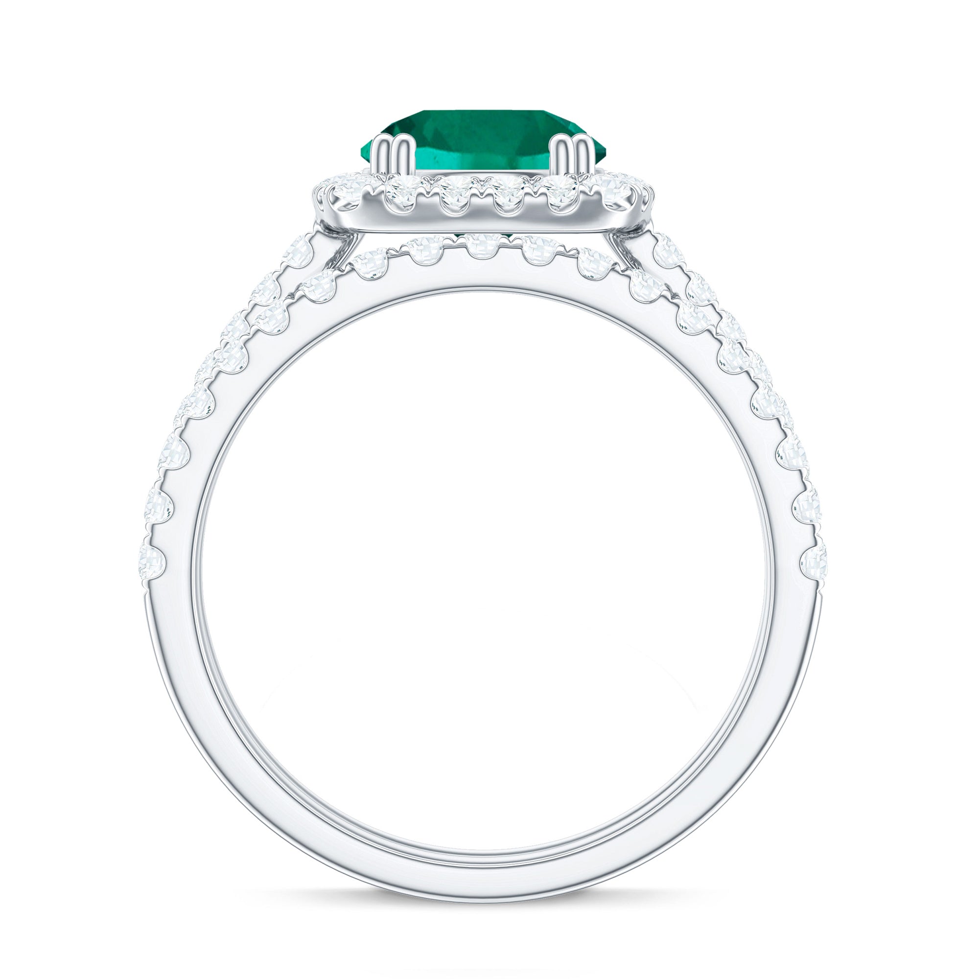 Certified Lab Grown Emerald Halo Engagement Ring with Moissanite Wedding Band
