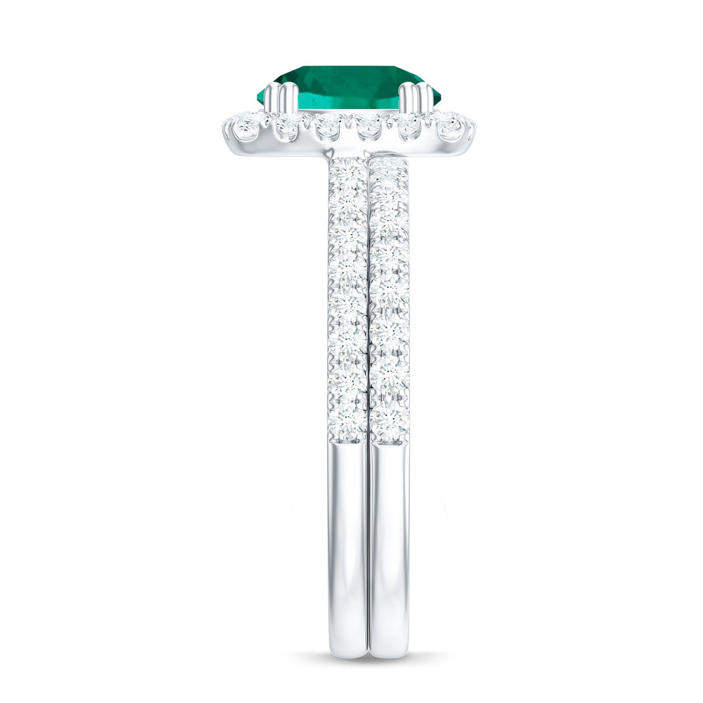 Certified Lab Grown Emerald Halo Engagement Ring with Moissanite Wedding Band