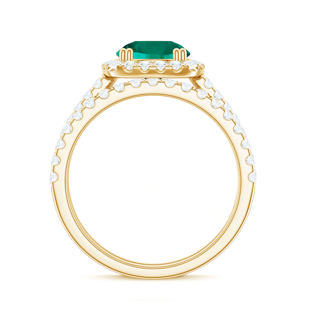 Certified Lab Grown Emerald Halo Engagement Ring with Moissanite Wedding Band