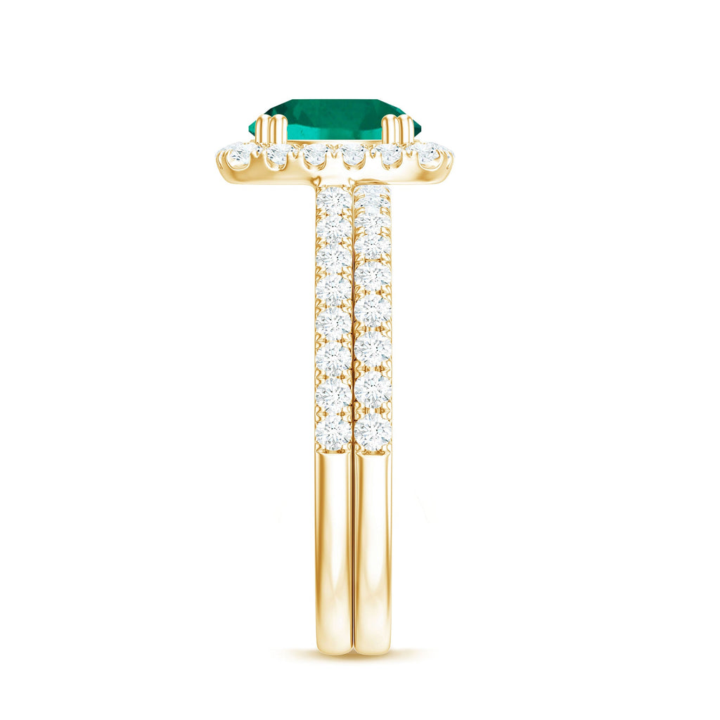 Certified Lab Grown Emerald Halo Engagement Ring with Moissanite Wedding Band