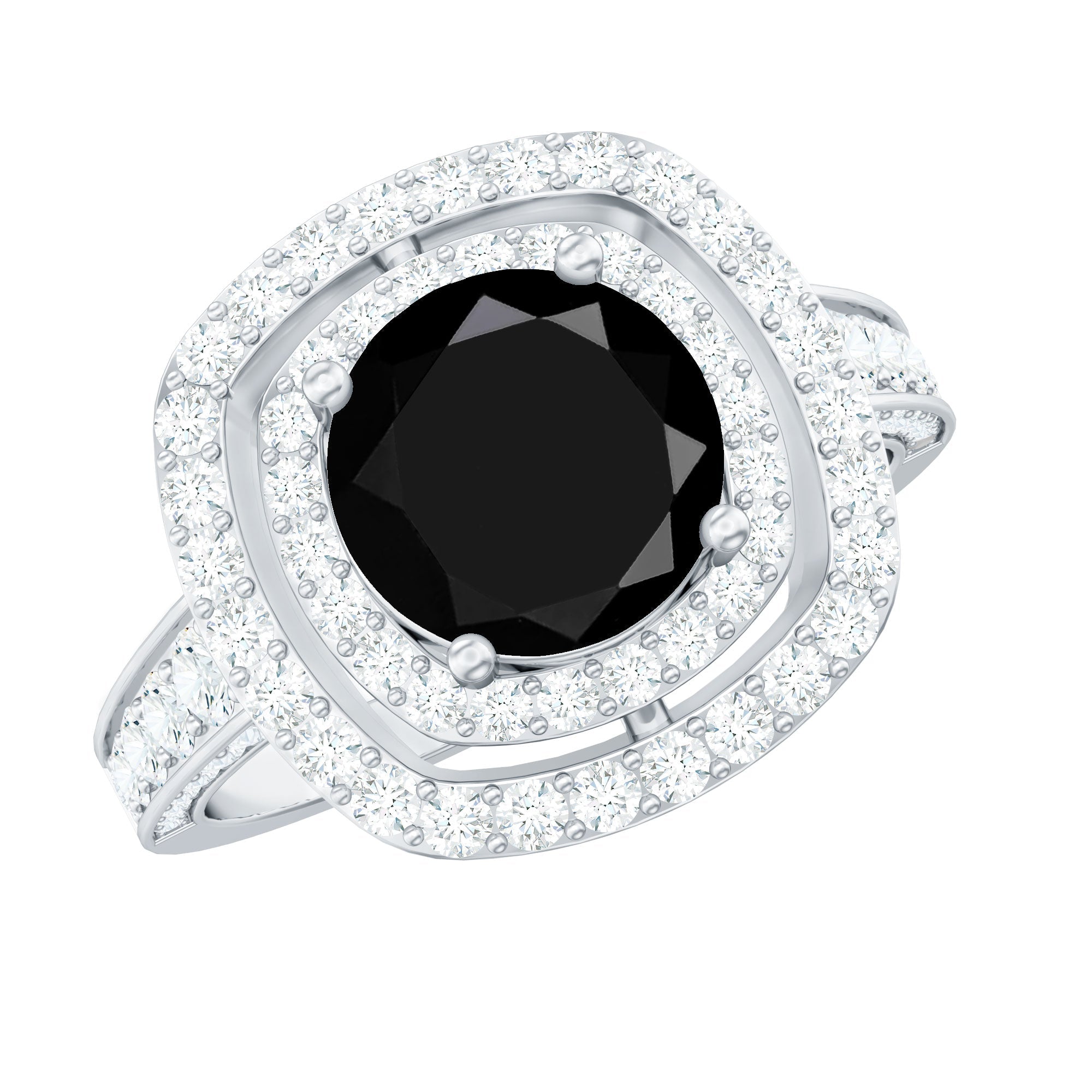 Certified 2 Carat Black Onyx Statement Engagement Ring with Diamond Double Halo