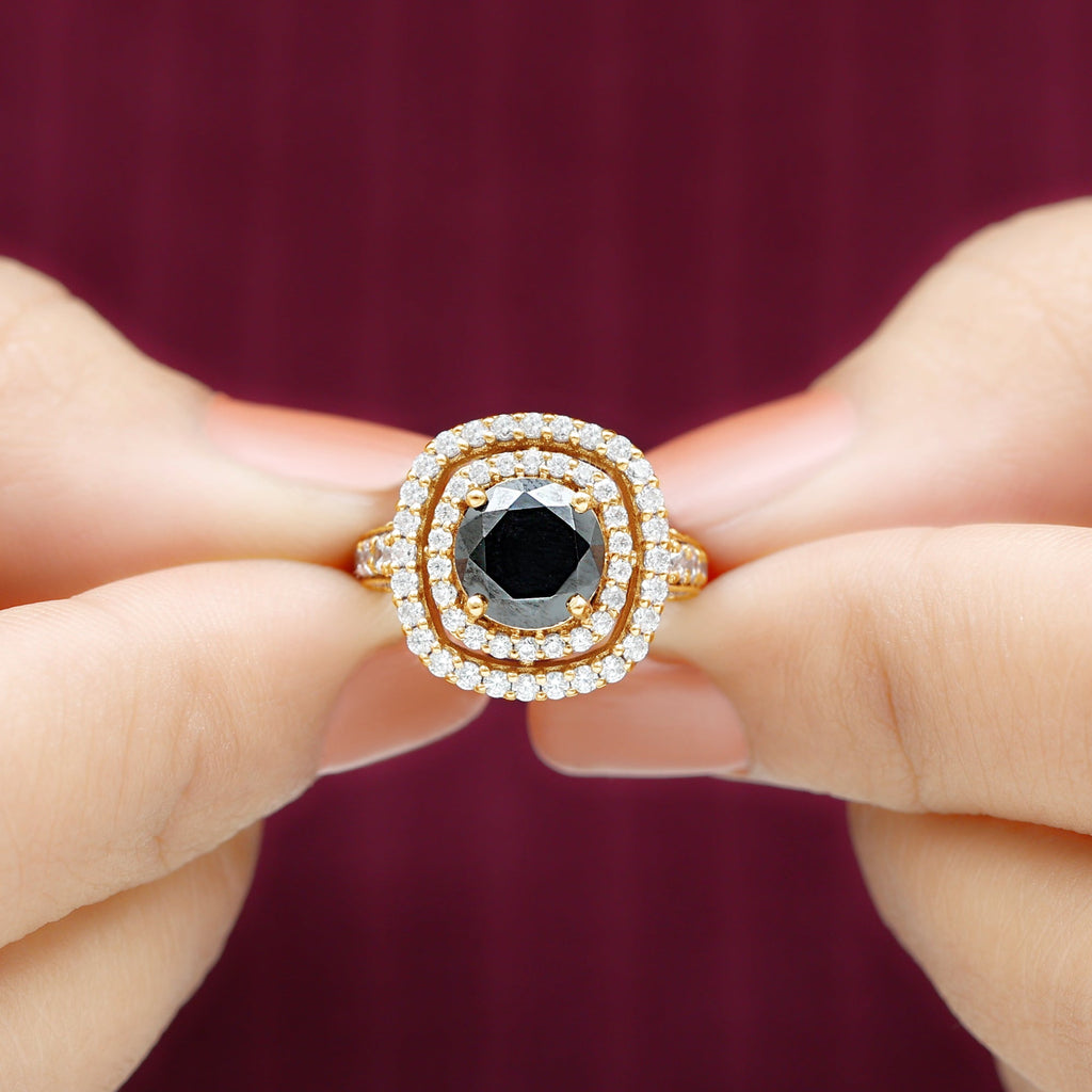 Certified 2 Carat Black Onyx Statement Engagement Ring with Diamond Double Halo