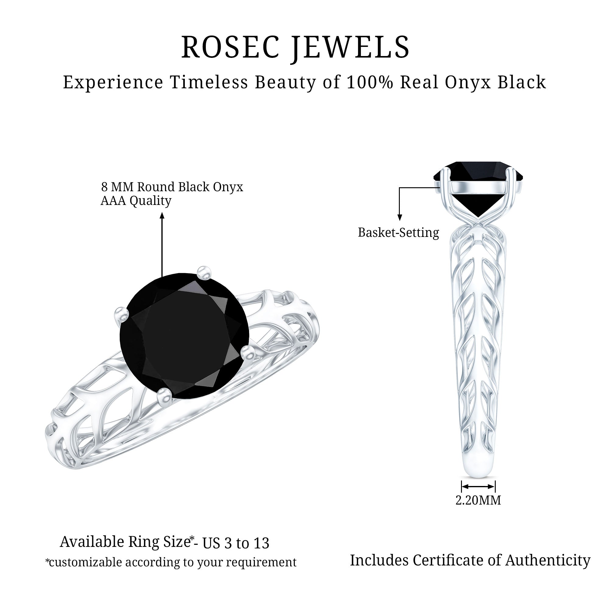 Round Cut Solitaire Black Onyx Engagement Ring with Certificate