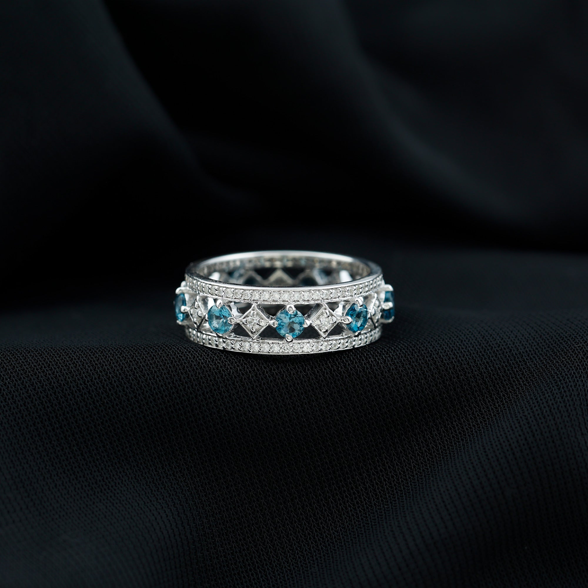 London Blue Topaz Vintage Inspired Eternity Band with Diamond