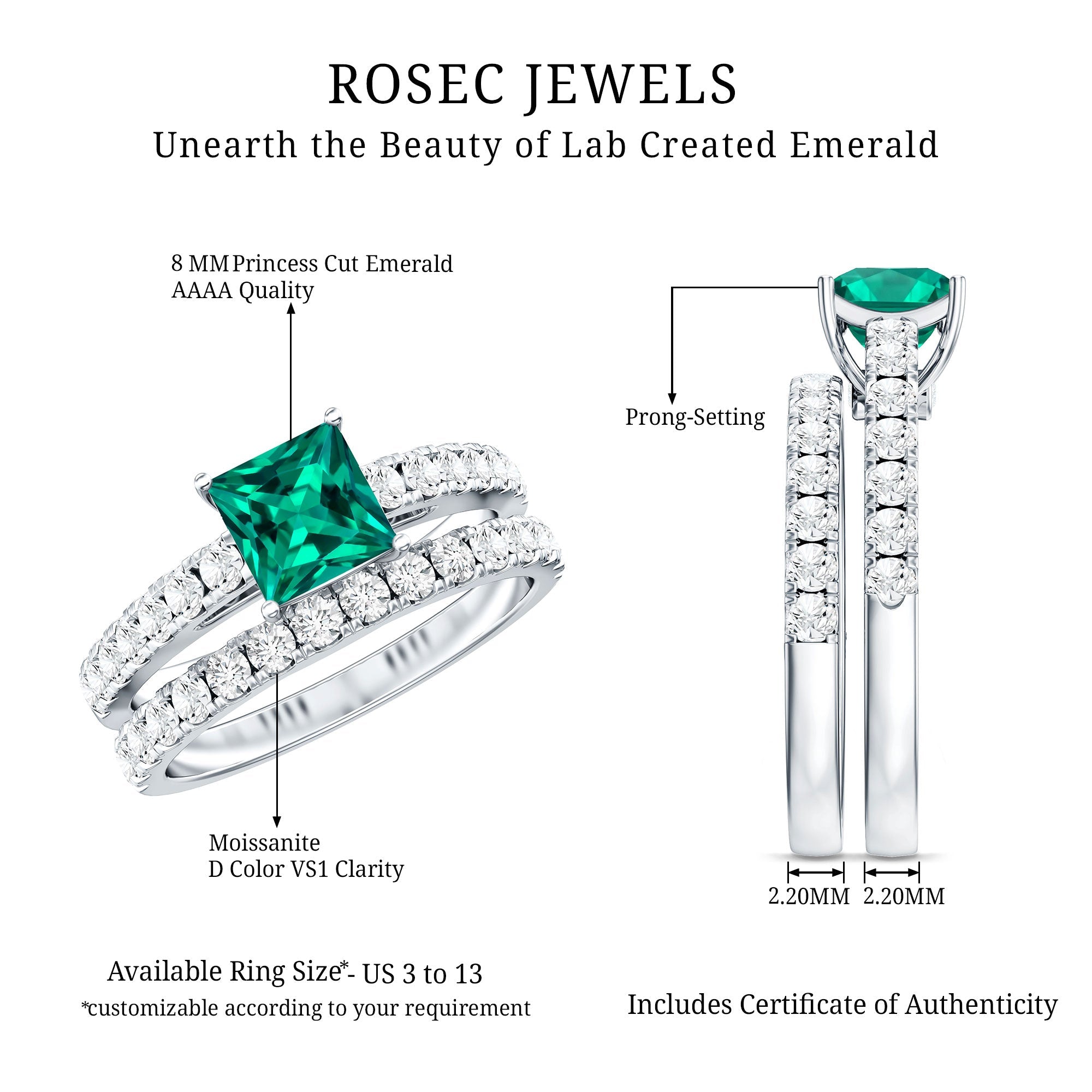 Lab Grown Emerald Princess Cut Engagement Ring with Wedding Band