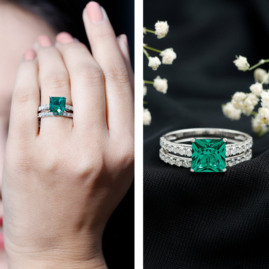 Lab Grown Emerald Princess Cut Engagement Ring with Wedding Band