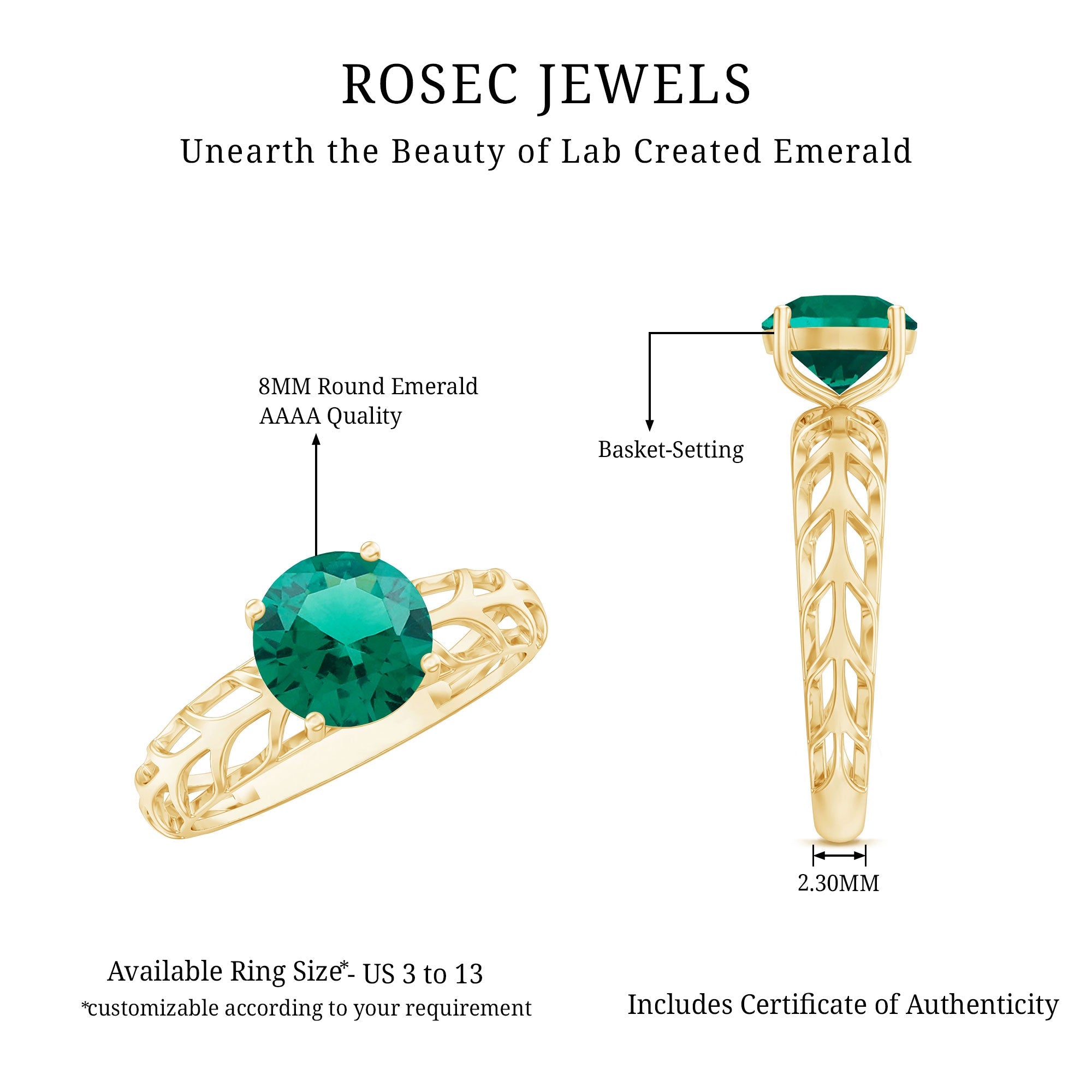 Certified Solitaire Lab Grown Emerald Engagement Ring with Filigree Details