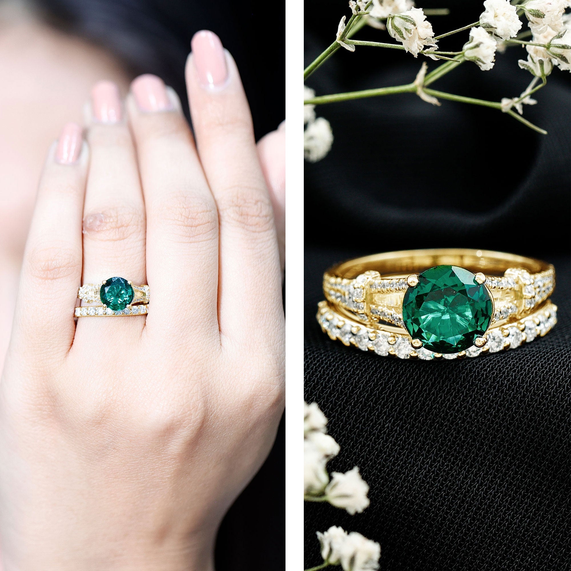Designer Lab Grown Emerald Engagement Ring with Wedding Band
