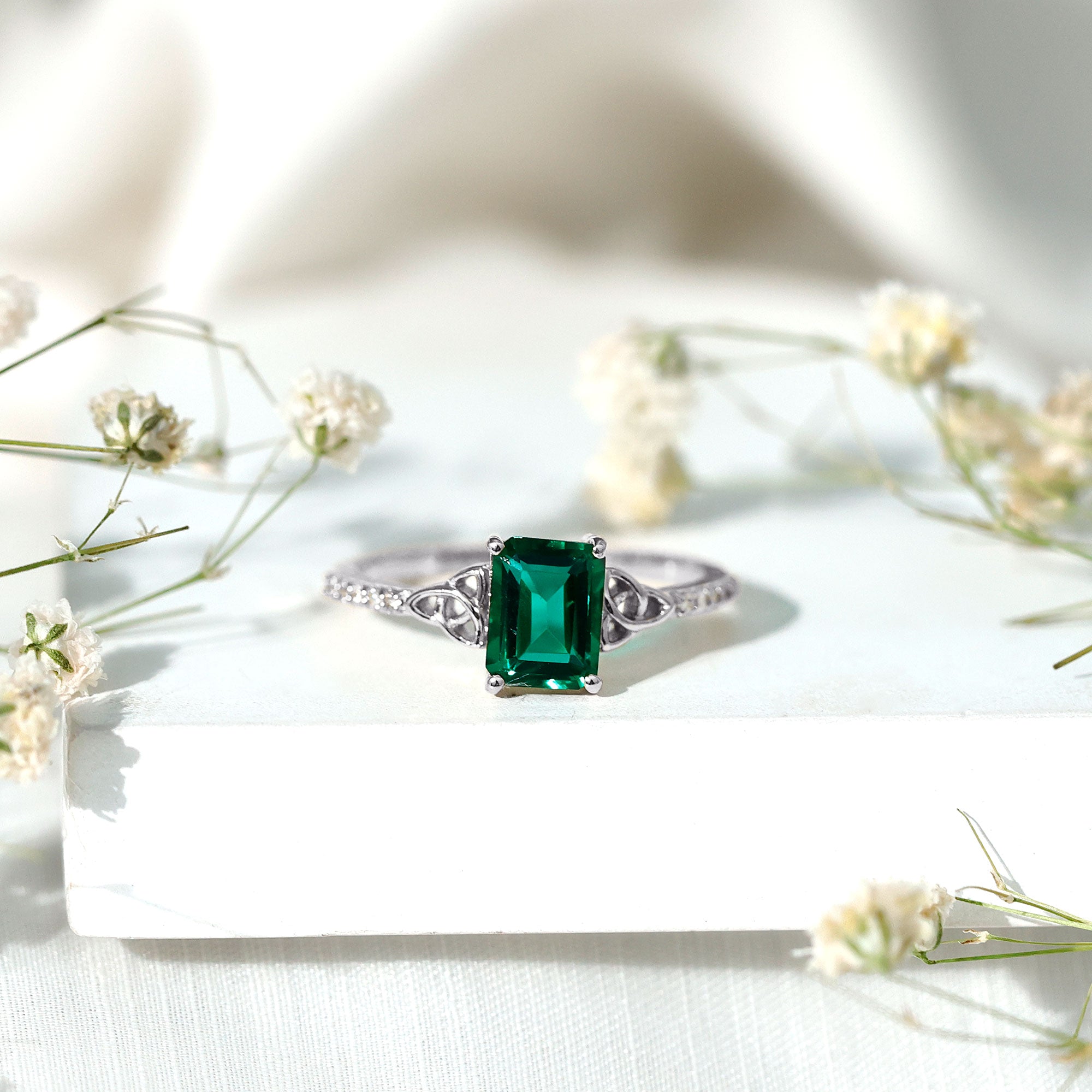 Solitaire Lab Created Emerald Celtic Engagement Ring with Diamond