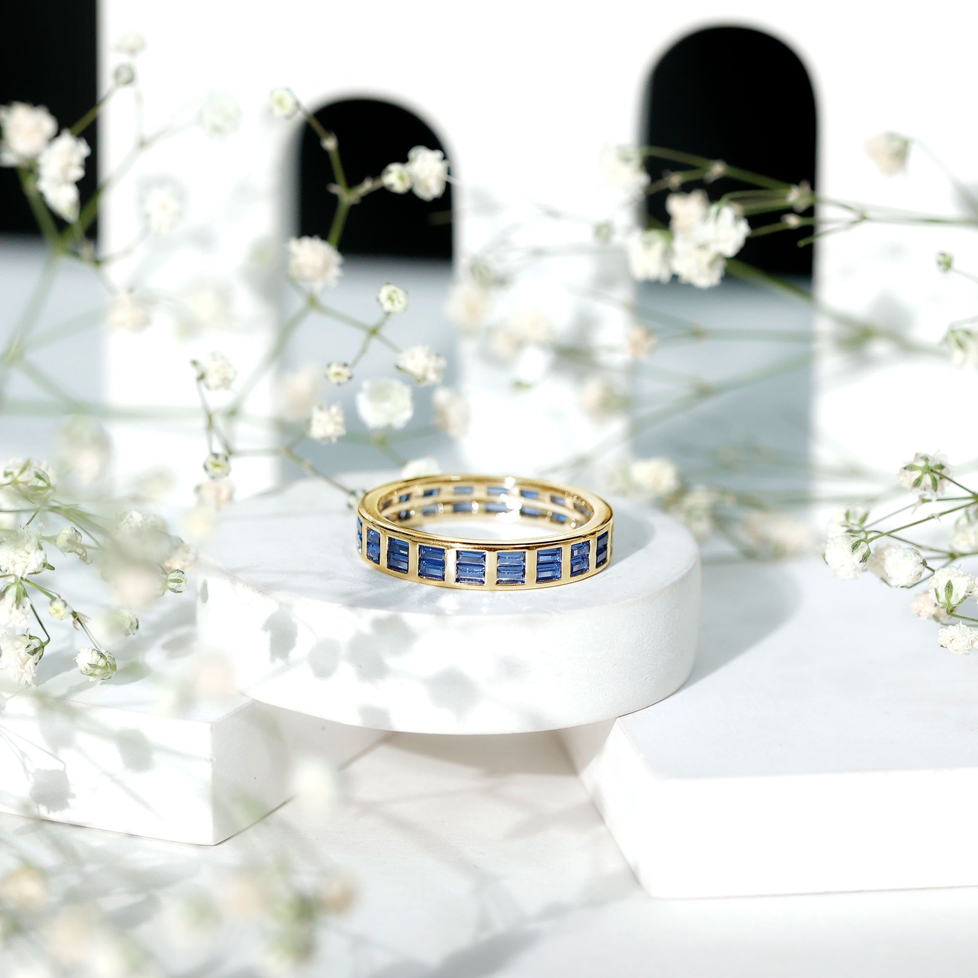 Certified Lab Grown Blue Sapphire Baguette Eternity Band in Channel Set