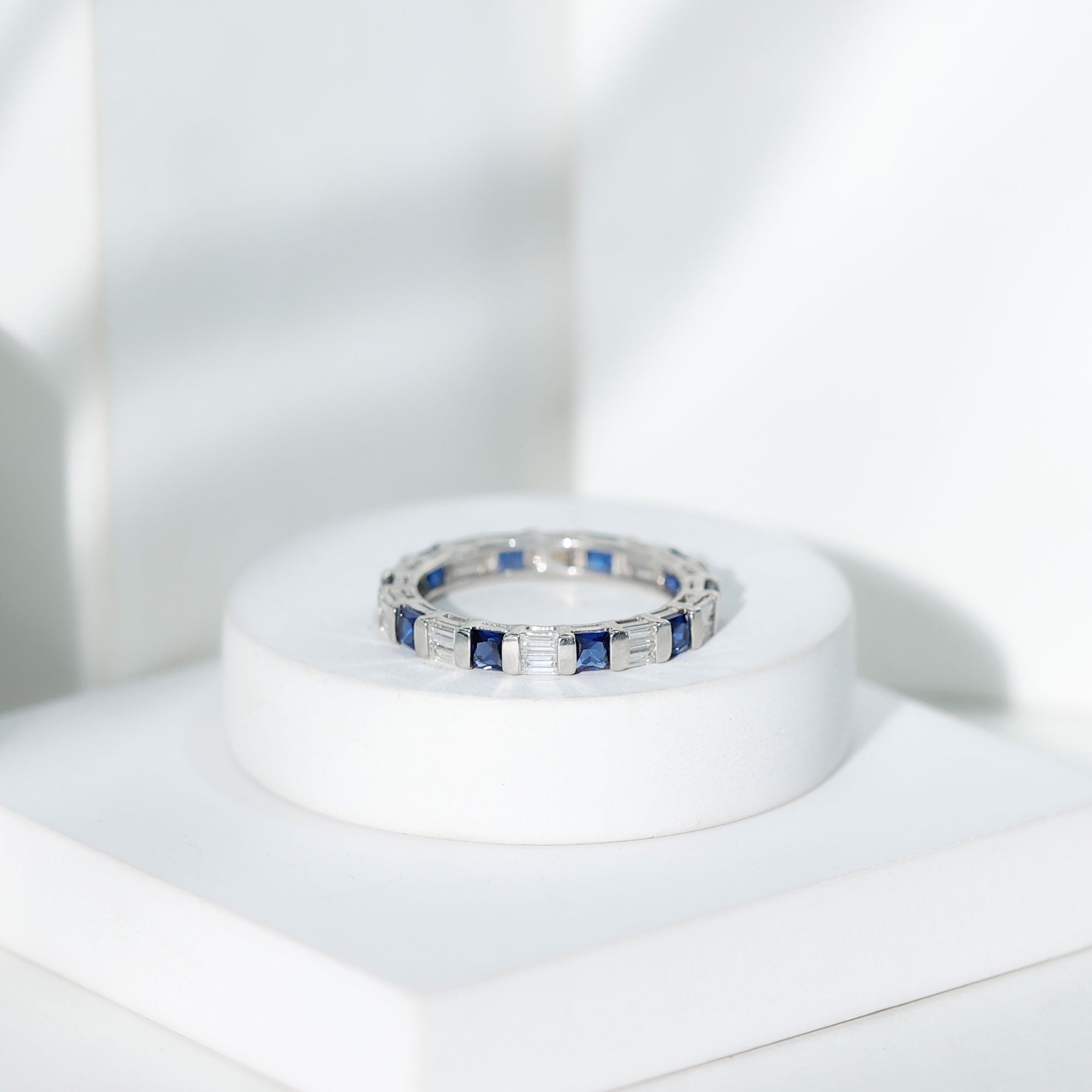 Certified Lab Grown Blue Sapphire Eternity Band Ring with Moissanite