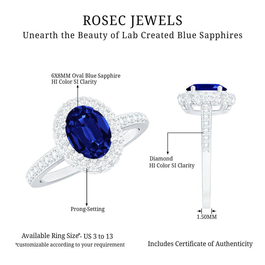 Certified 1.5 Carat Lab Grown Blue Sapphire Oval Engagement Ring with Diamond Halo