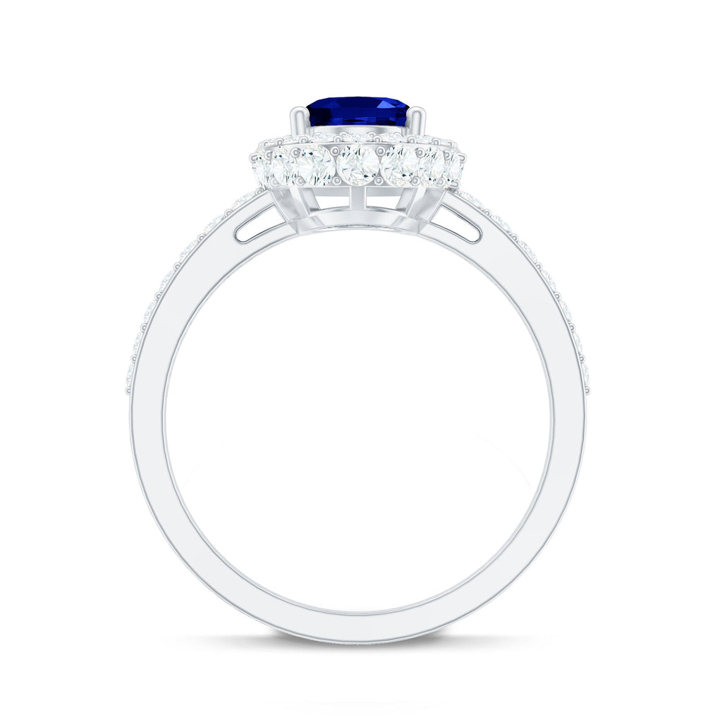 Certified 1.5 Carat Lab Grown Blue Sapphire Oval Engagement Ring with Diamond Halo