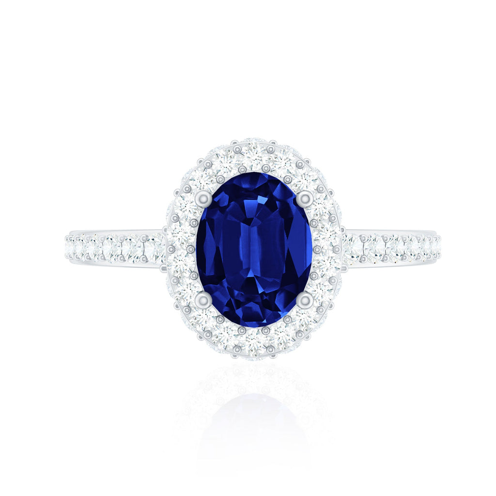 Certified 1.5 Carat Lab Grown Blue Sapphire Oval Engagement Ring with Diamond Halo