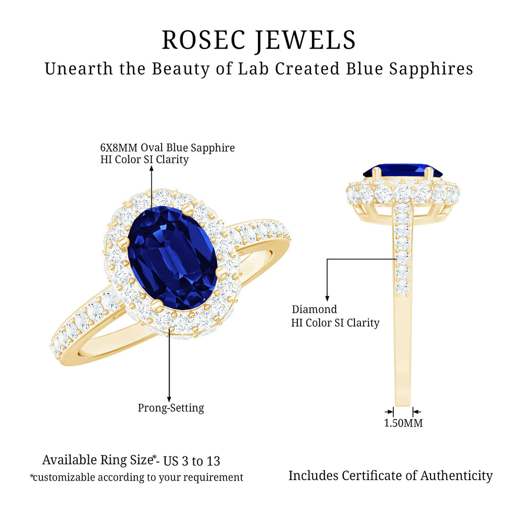 Certified 1.5 Carat Lab Grown Blue Sapphire Oval Engagement Ring with Diamond Halo