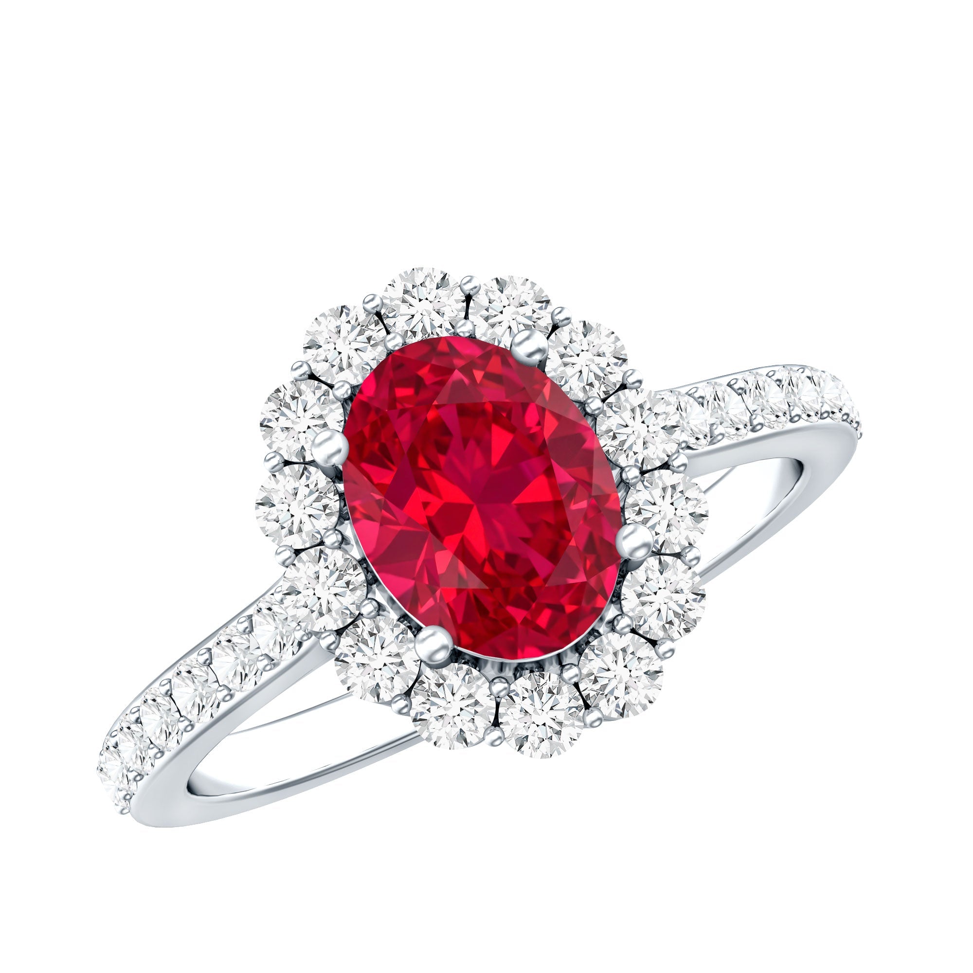 1.5 Carat Oval Cut Created Ruby Engagement Ring with Moissanite Halo