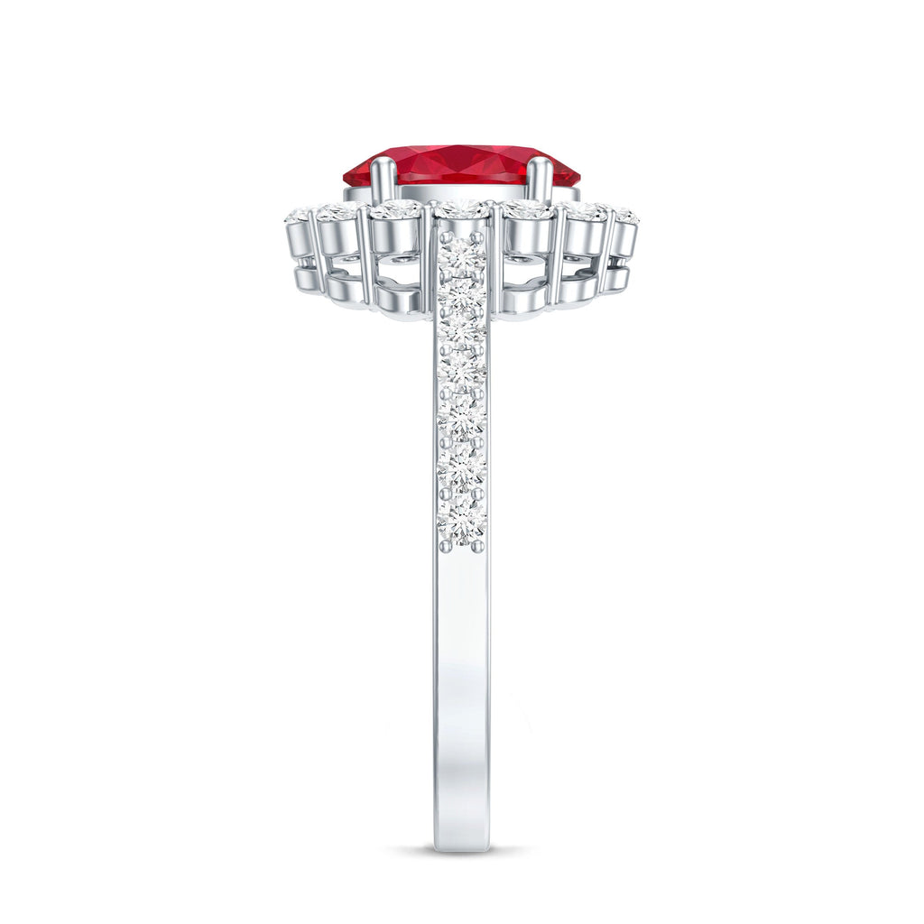 1.5 Carat Oval Cut Created Ruby Engagement Ring with Moissanite Halo