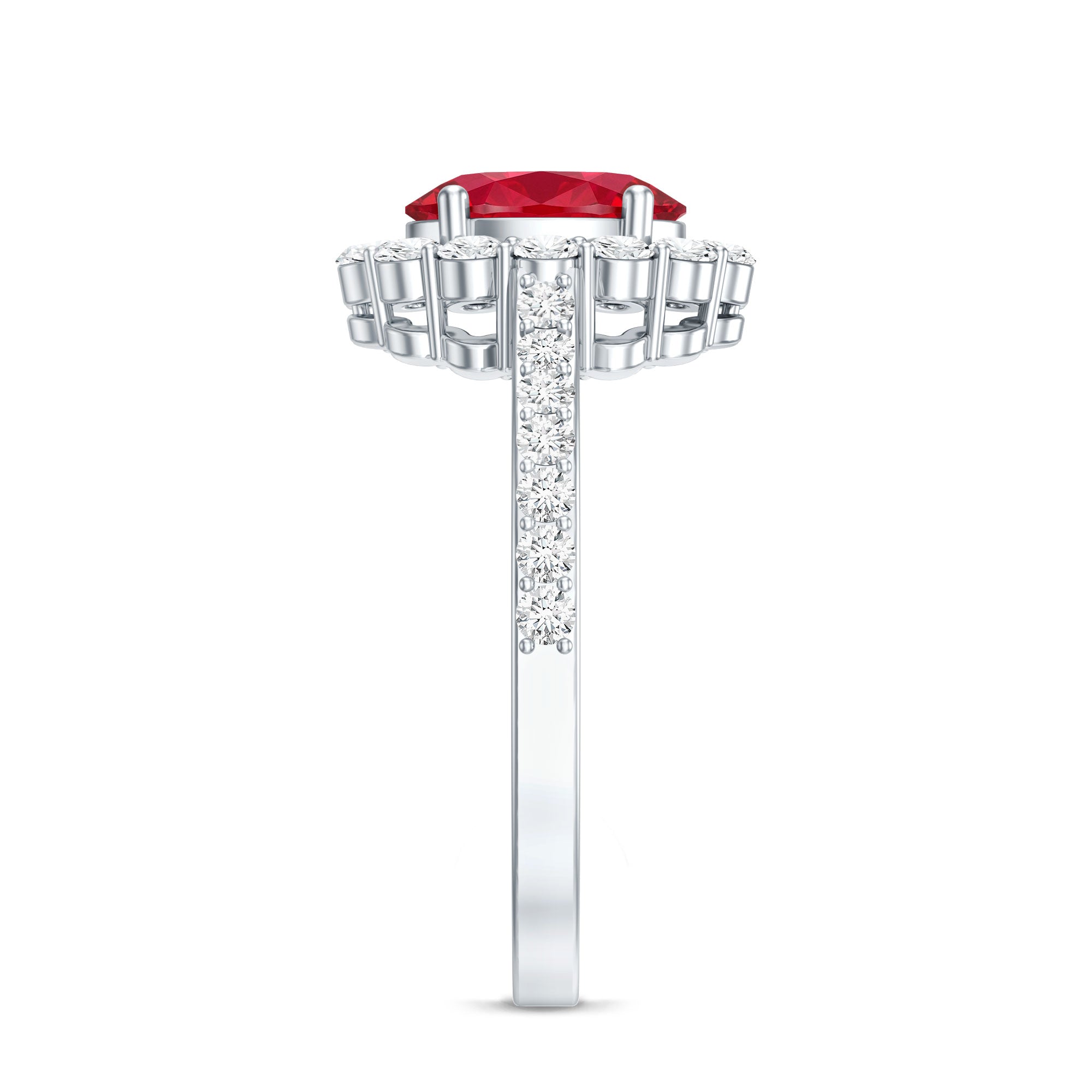 1.5 Carat Oval Cut Created Ruby Engagement Ring with Moissanite Halo
