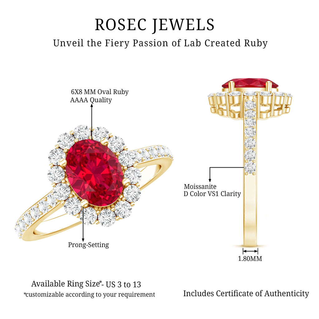 1.5 Carat Oval Cut Created Ruby Engagement Ring with Moissanite Halo